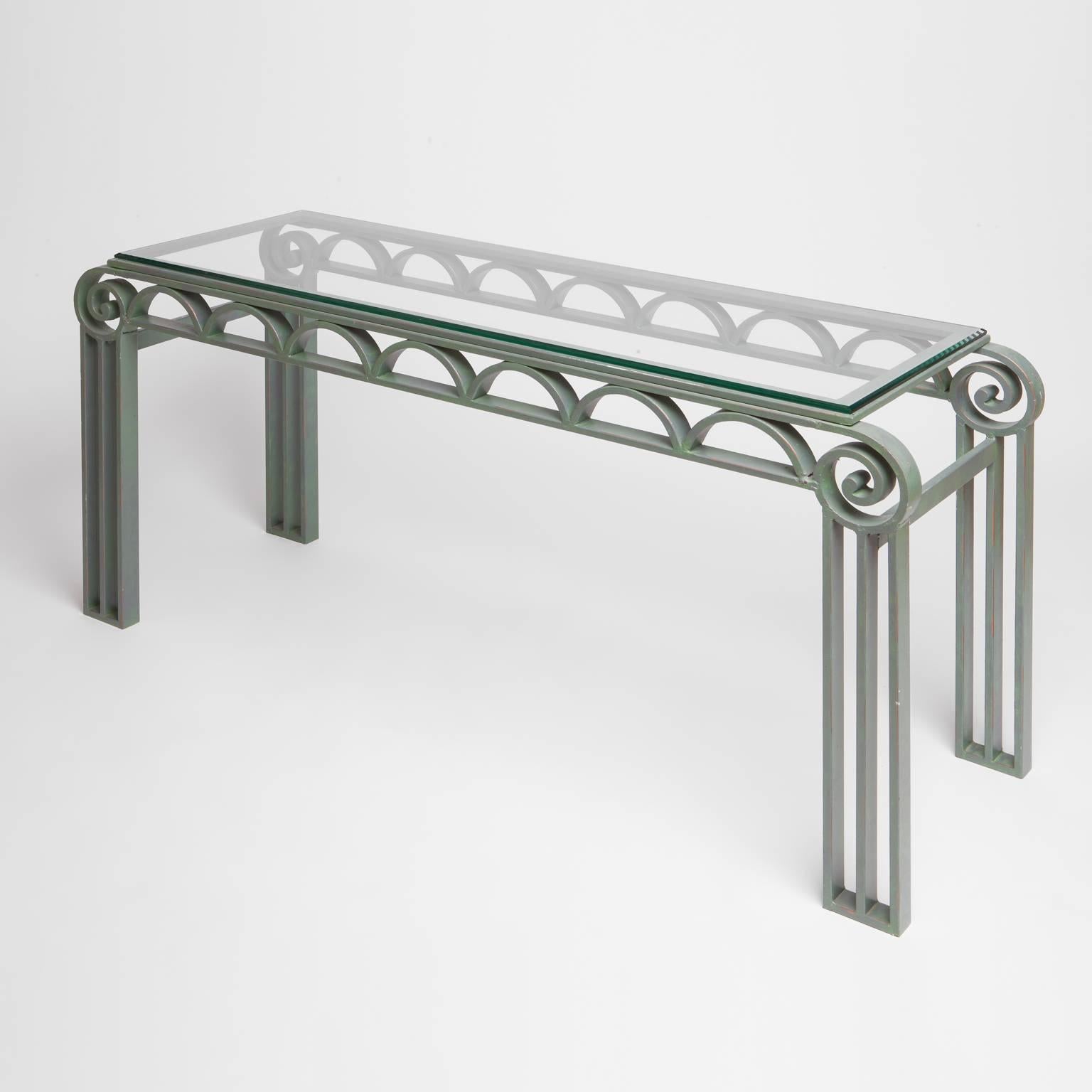 American Art Deco Style Iron Console Table with Glass Top
