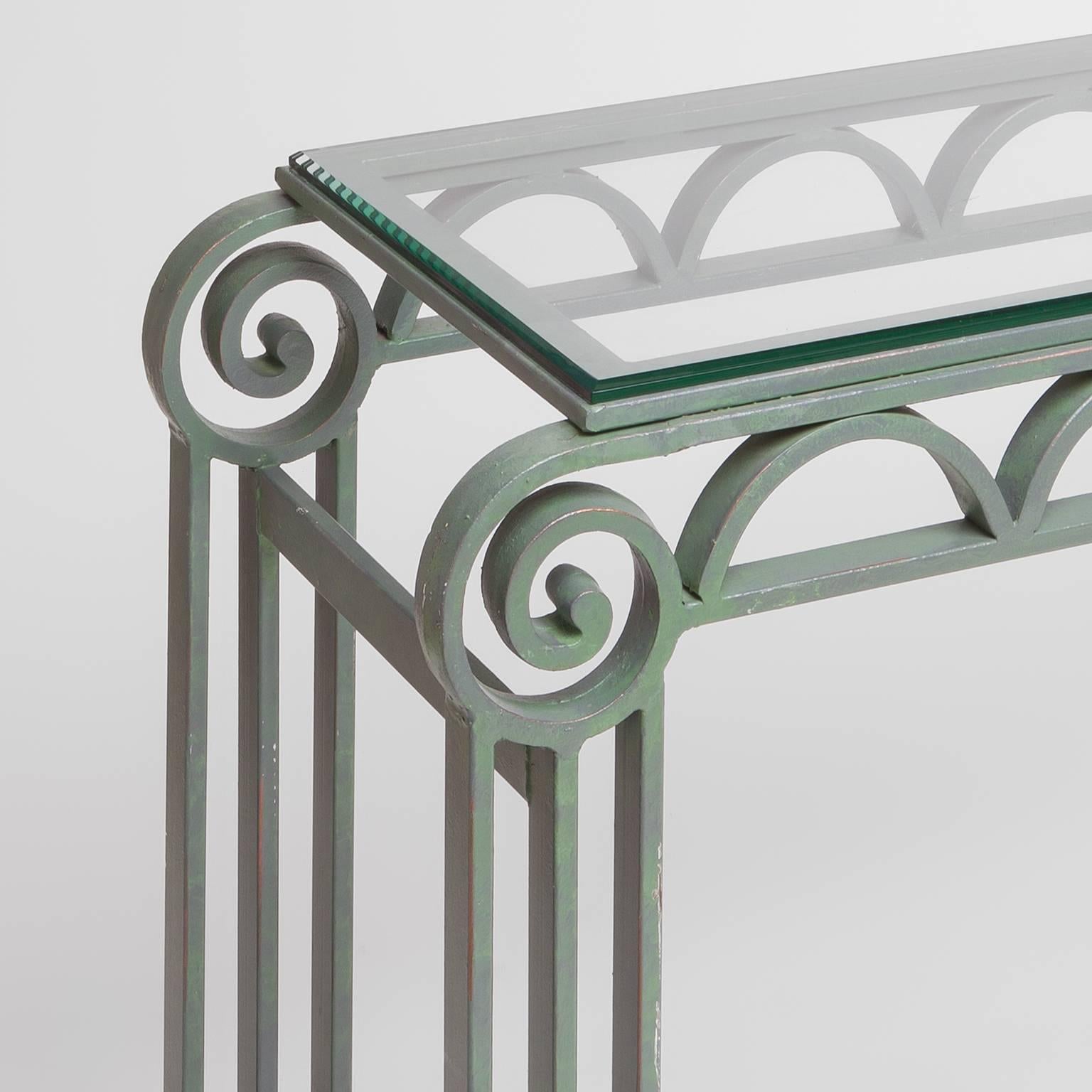 20th Century Art Deco Style Iron Console Table with Glass Top
