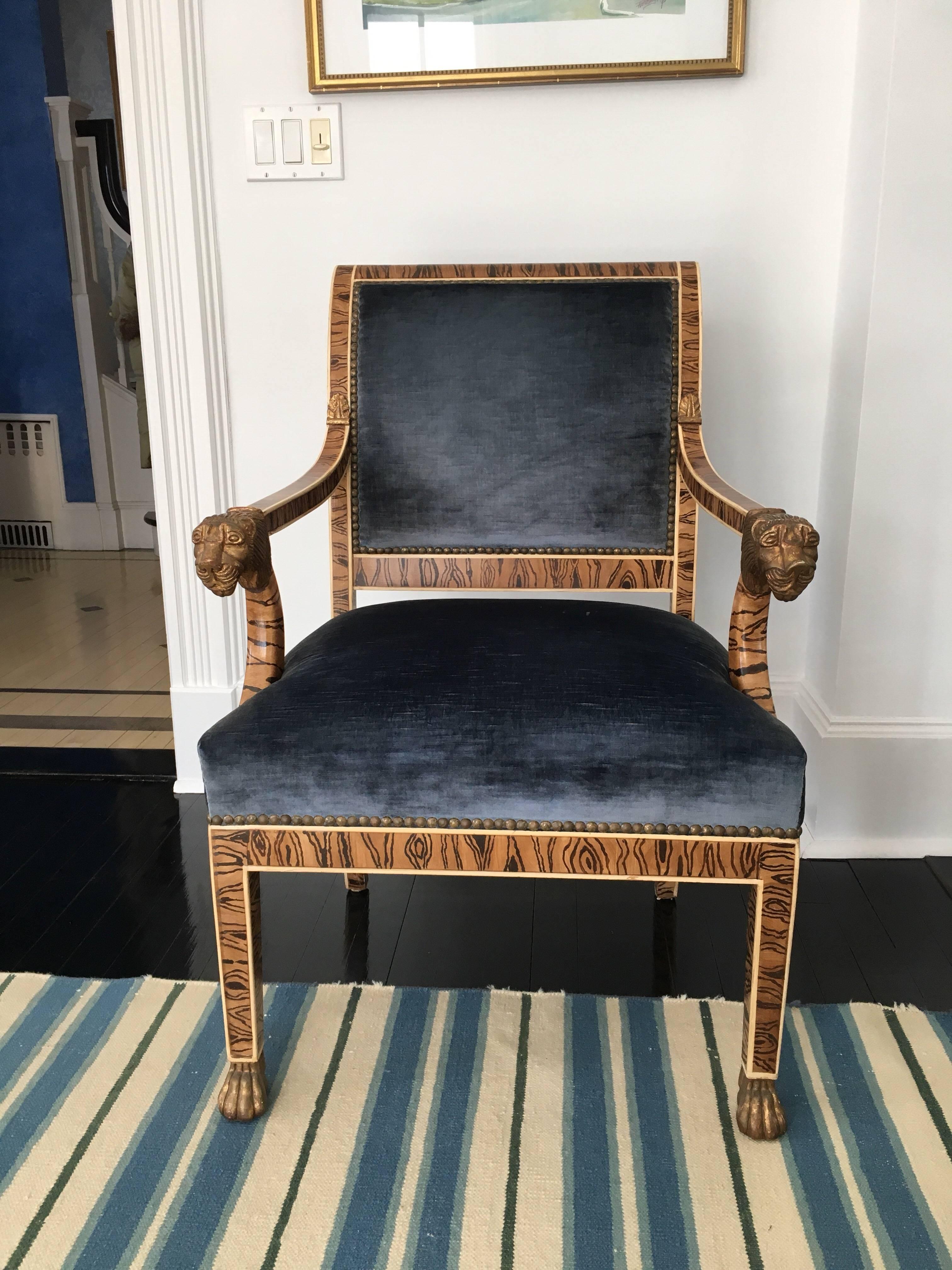 American French Empire Style Upholstered Faux Bois Armchair with Gilded Lion Accents