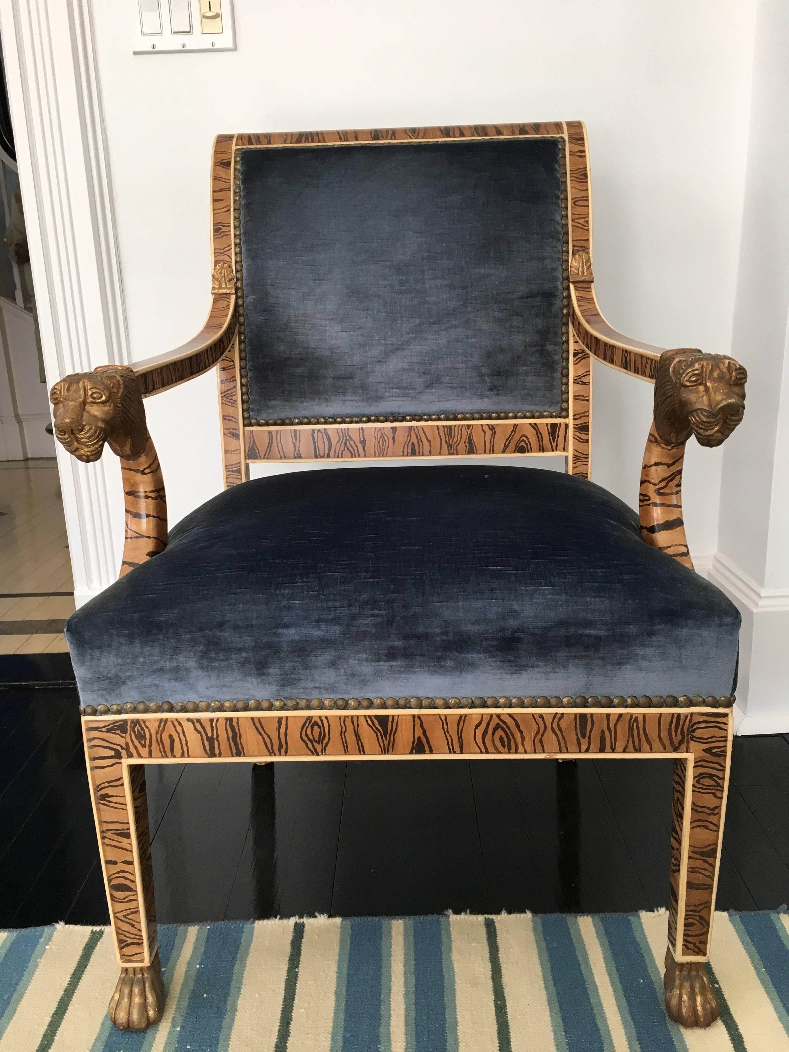 French Empire Style Upholstered Faux Bois Armchair with Gilded Lion Accents In Excellent Condition In Southampton, NY