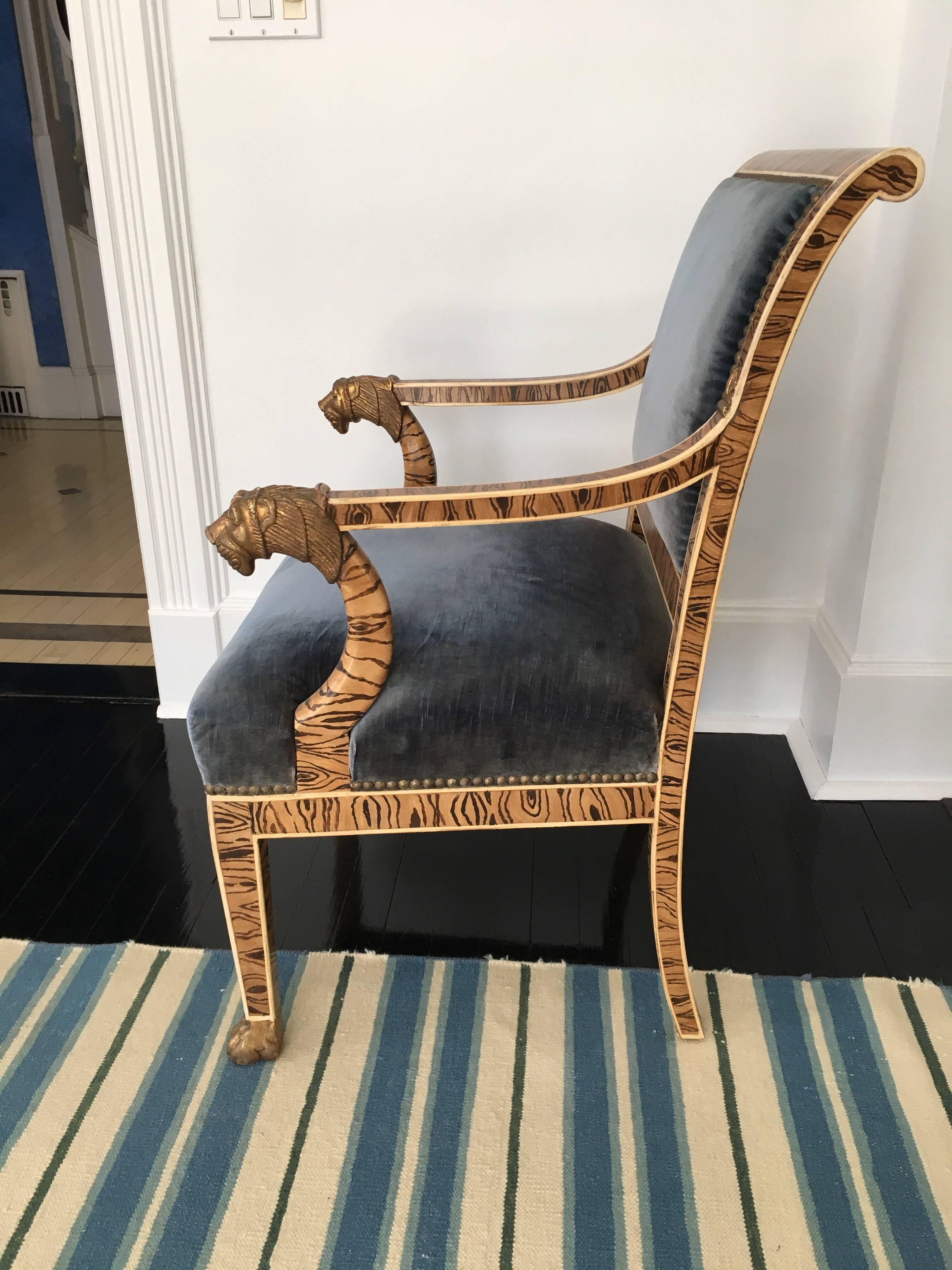20th Century French Empire Style Upholstered Faux Bois Armchair with Gilded Lion Accents