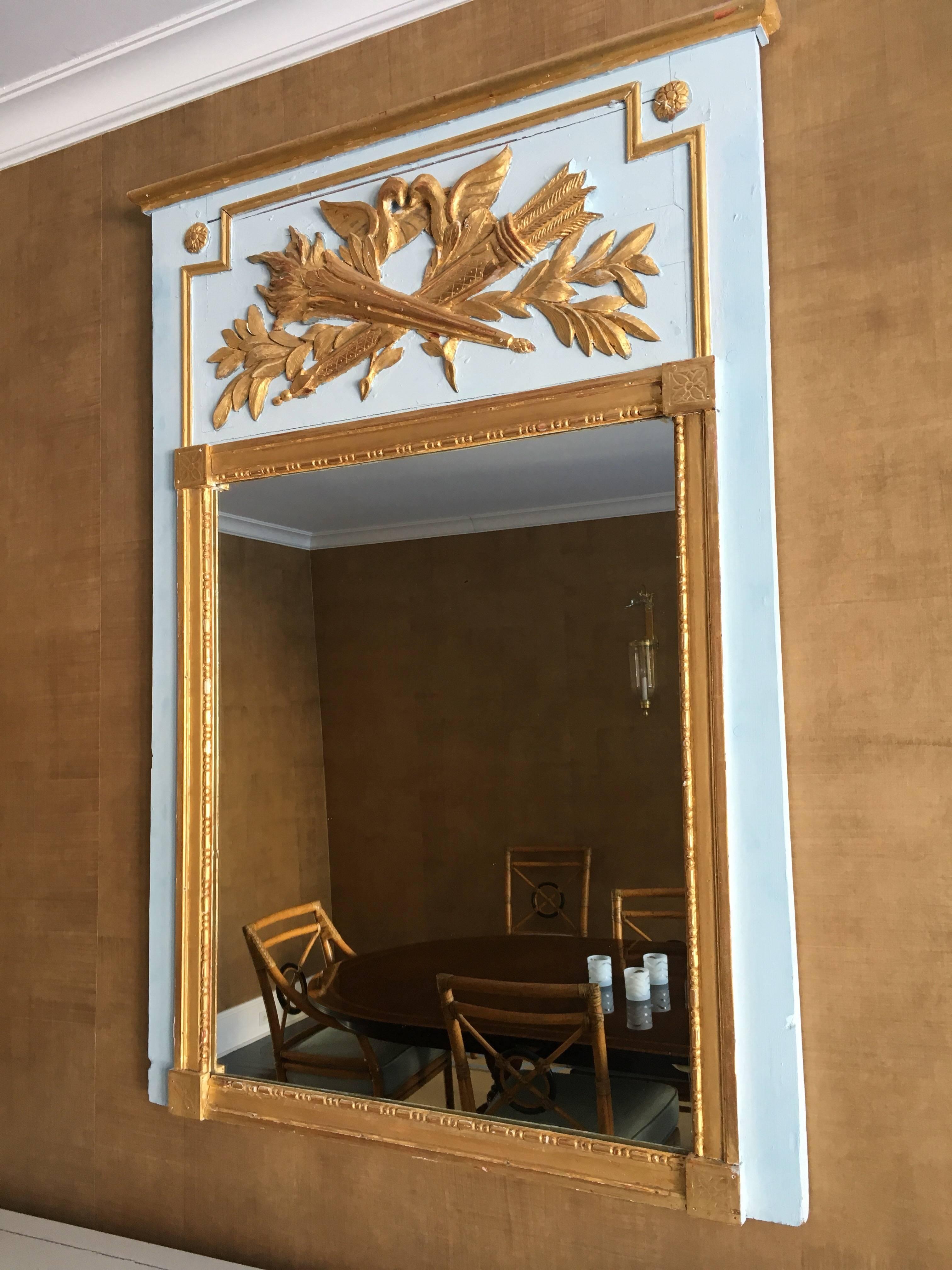 French Louis XVI Style Painted and Parcel-Gilt Trumeau Mirror, Late 19th Century 