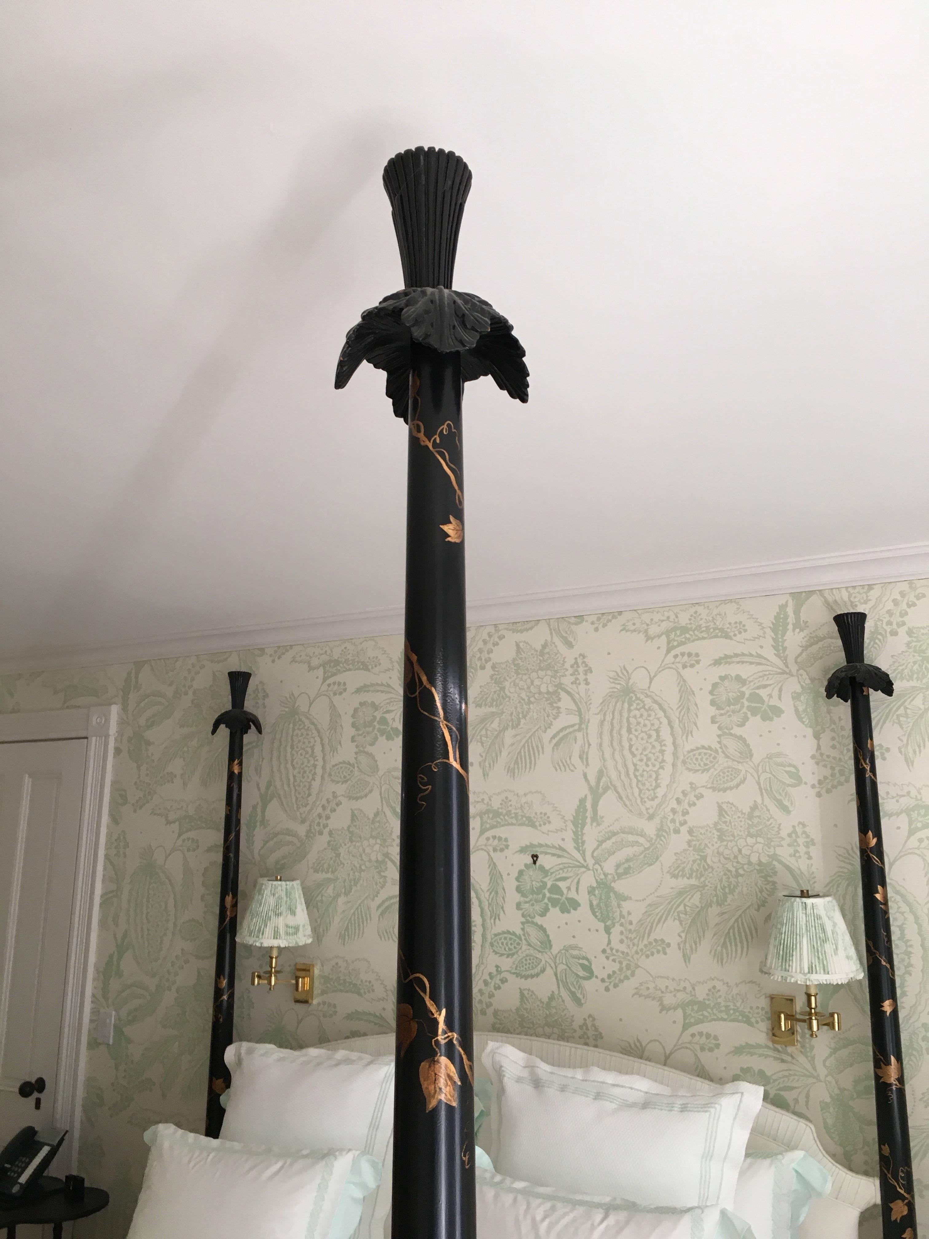 American Black Painted and Parcel-Gilt King Size Four Poster Bed by Julia Gray