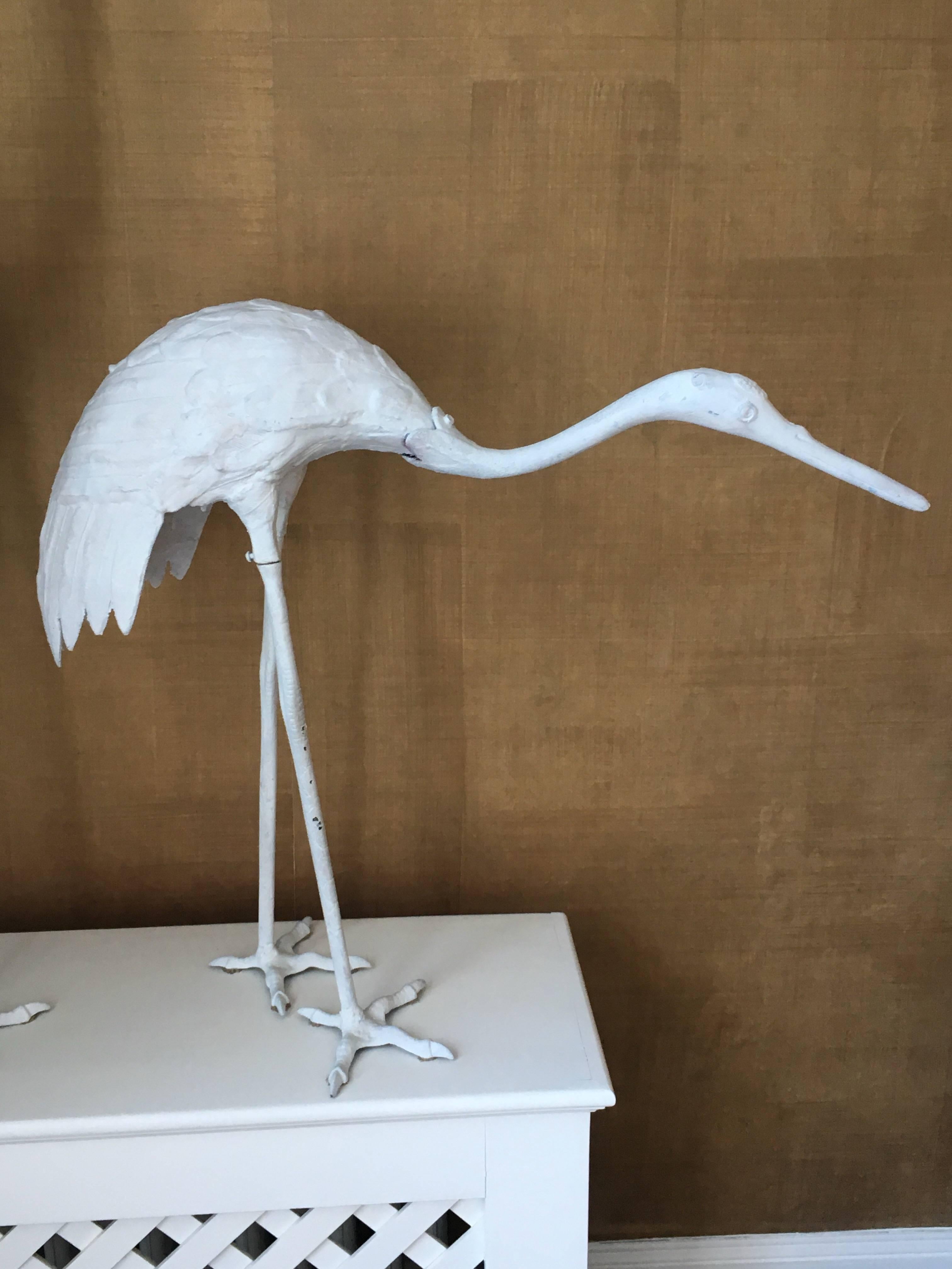 American Pair of Late 20th Century White Painted Iron Crane Sculptures