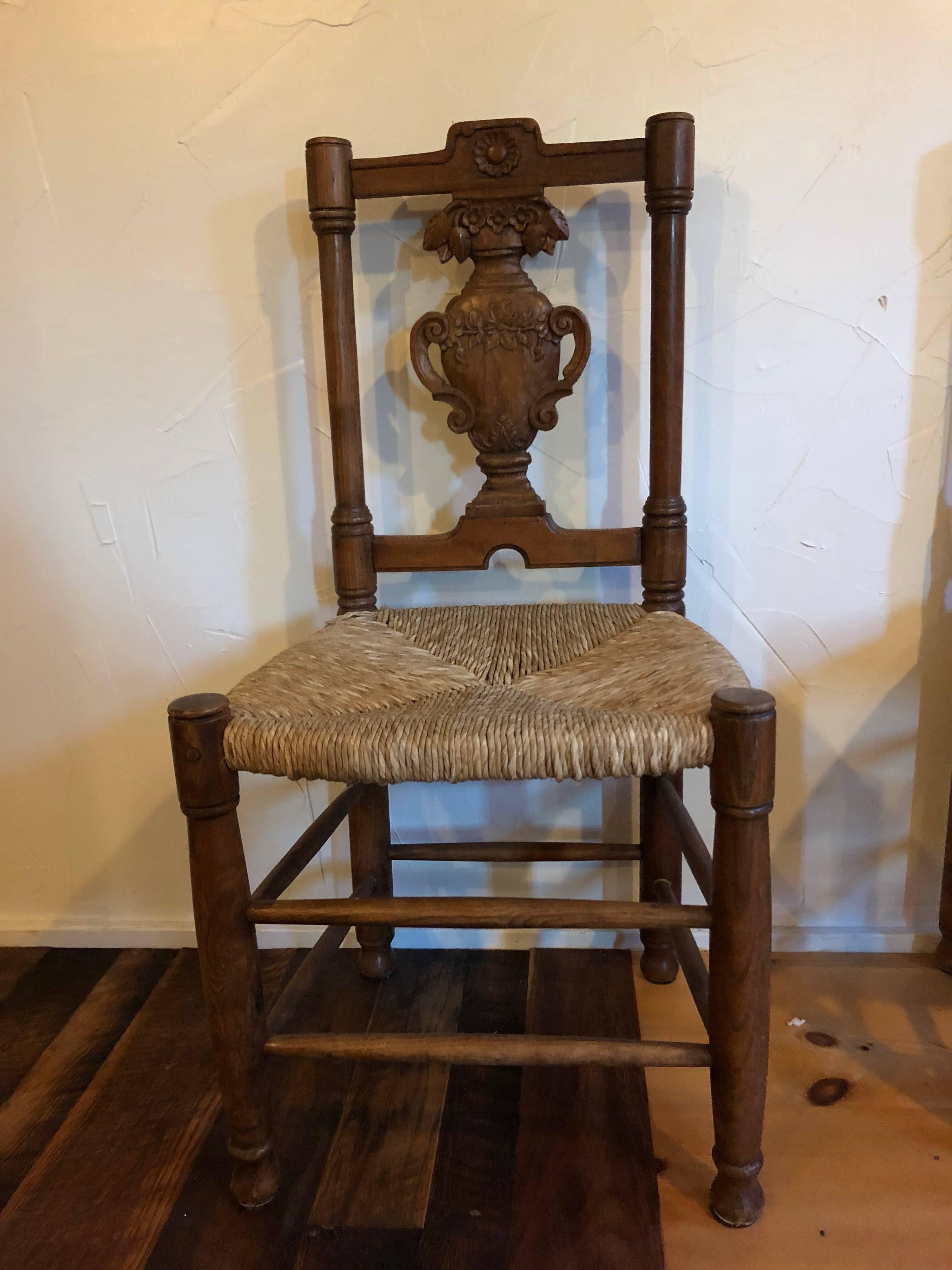 French Provincial Set of Four French Provençal style Carved Rush Seat Dining Chairs