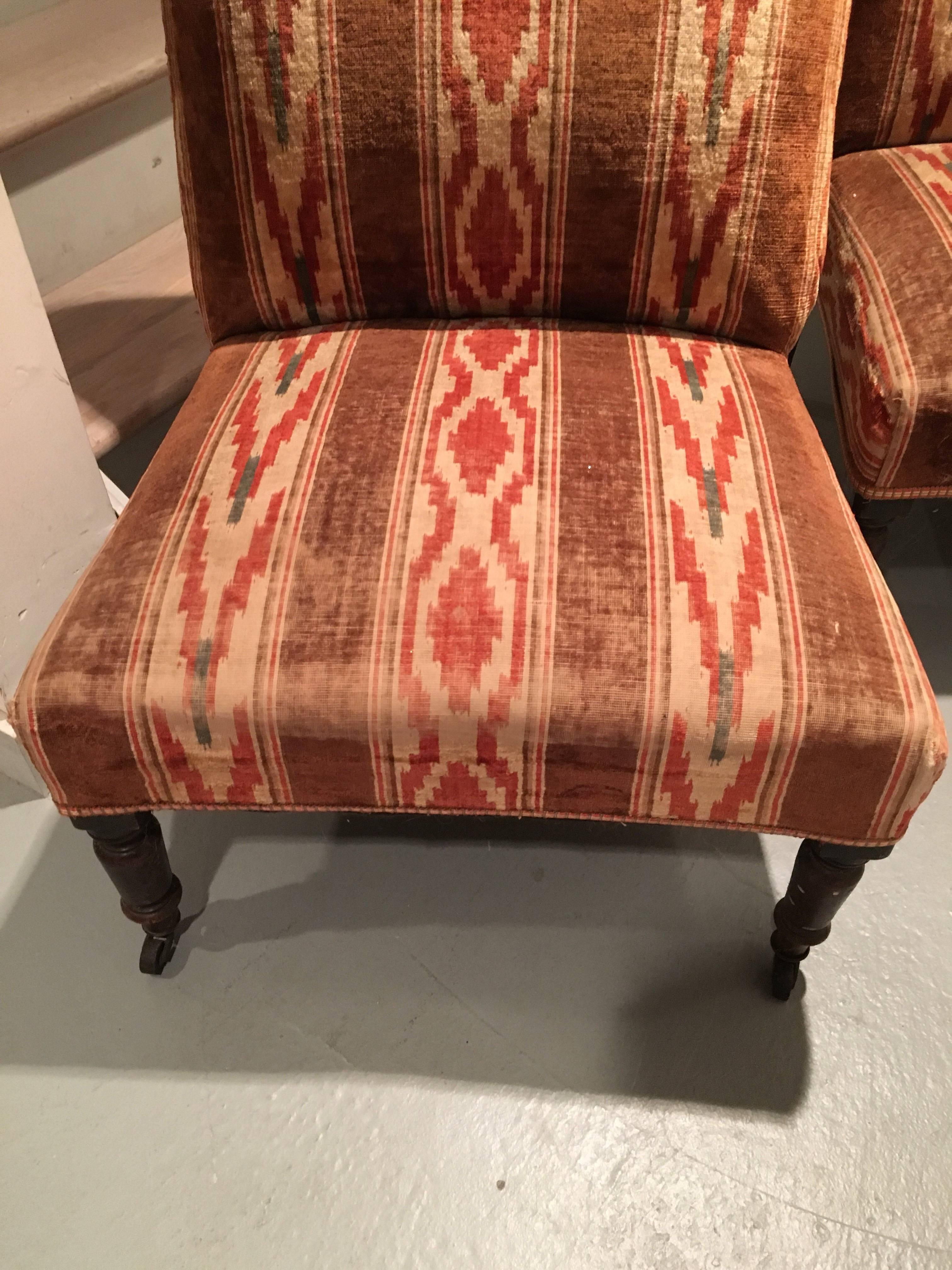 British Pair of English Velvet Upholstered Slipper Chairs with Turkish Corners