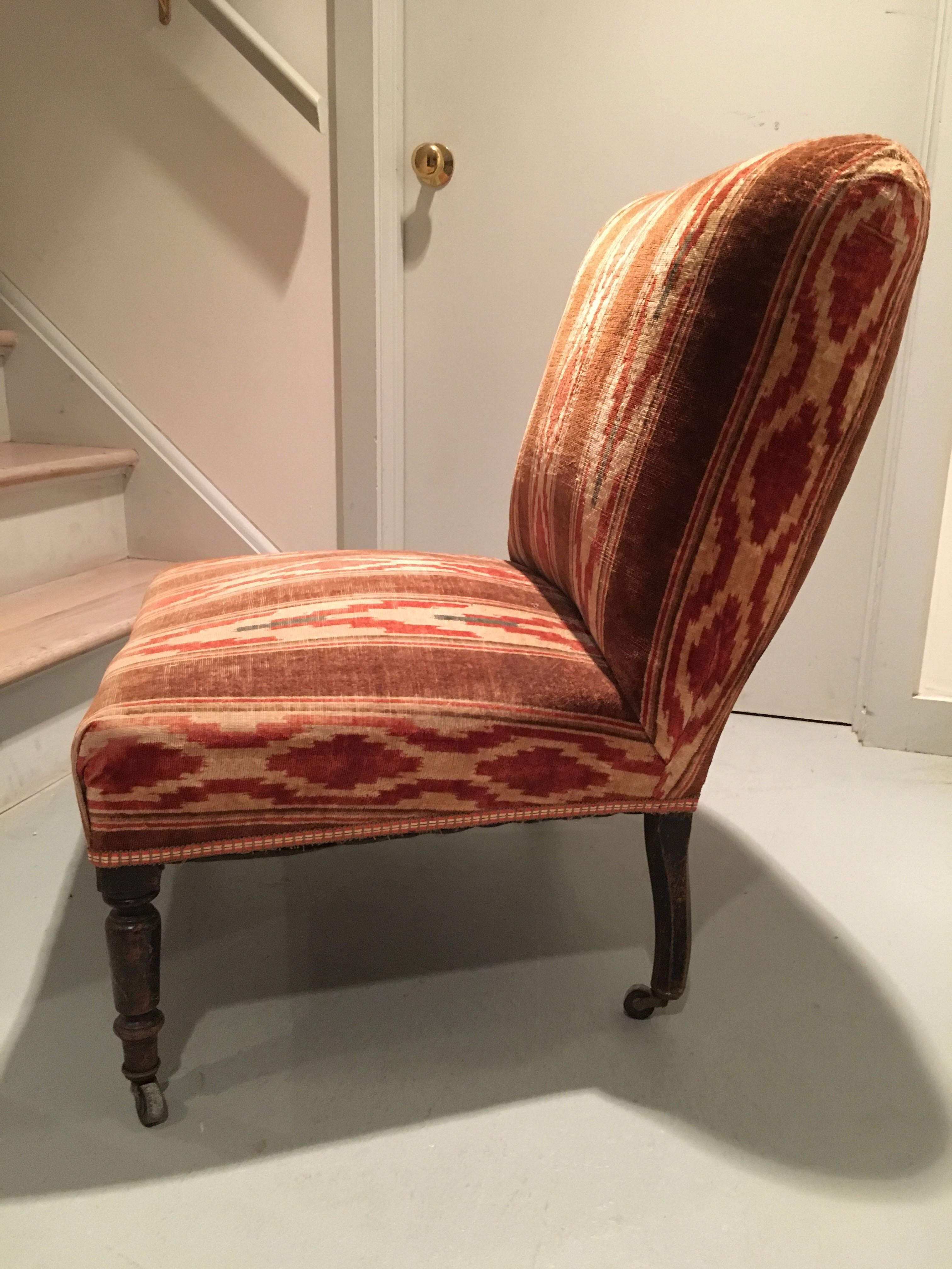 19th Century Pair of English Velvet Upholstered Slipper Chairs with Turkish Corners