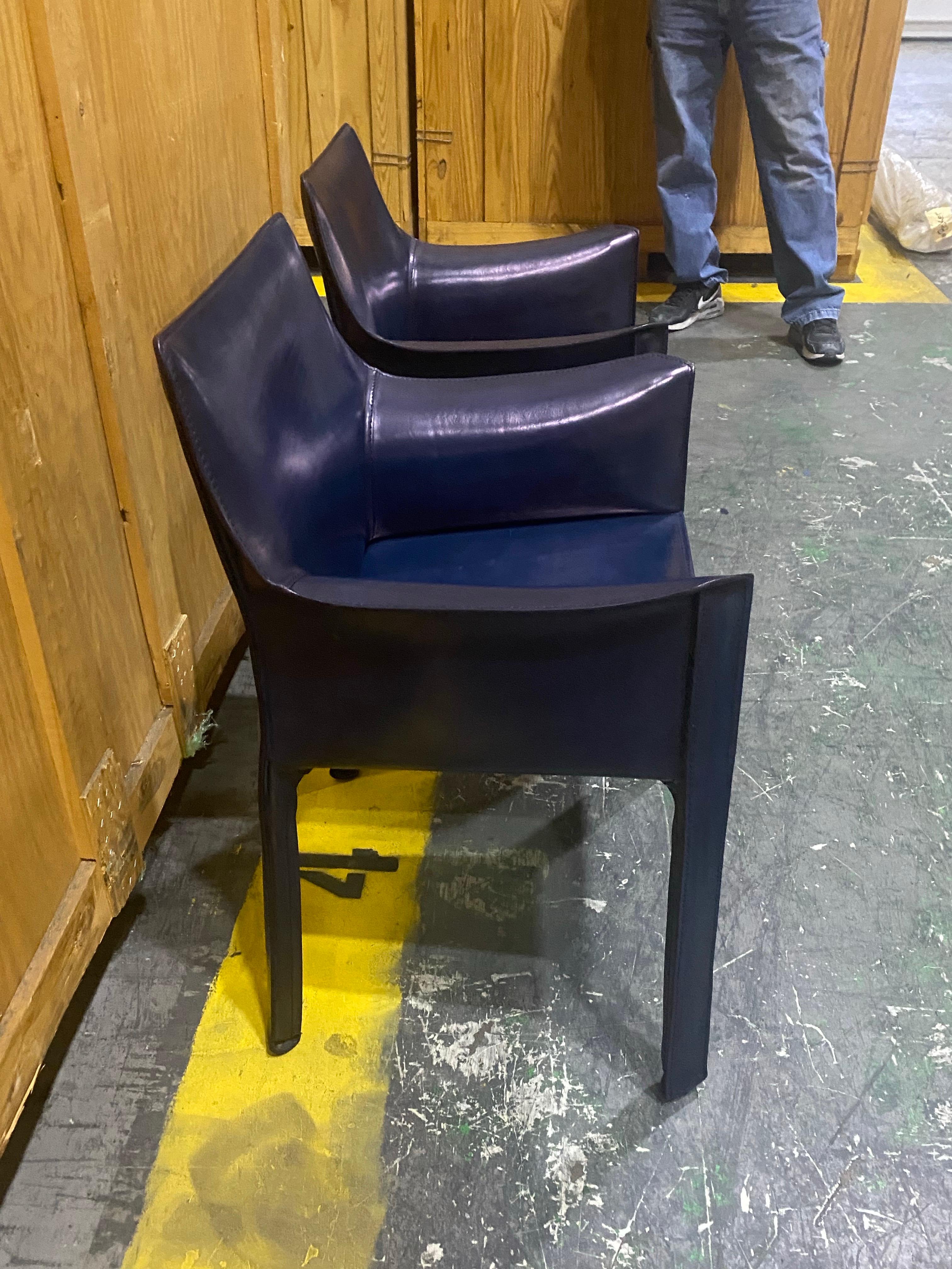 Pair of Mario Bellini for Cassina 'CAB 413' Dining Chairs in Navy Blue Leather For Sale 5