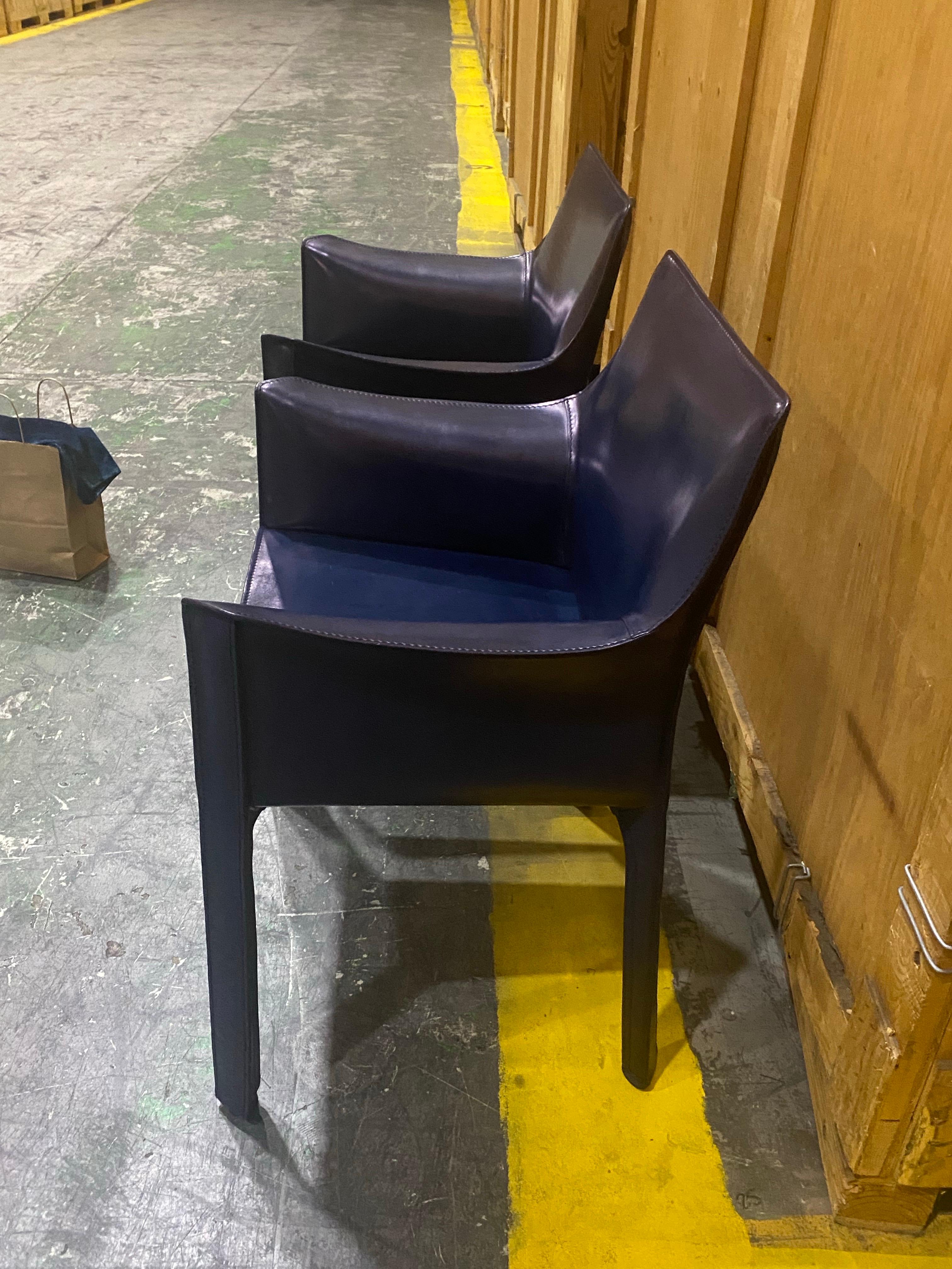 Pair of Mario Bellini for Cassina 'CAB 413' Dining Chairs in Navy Blue Leather For Sale 7