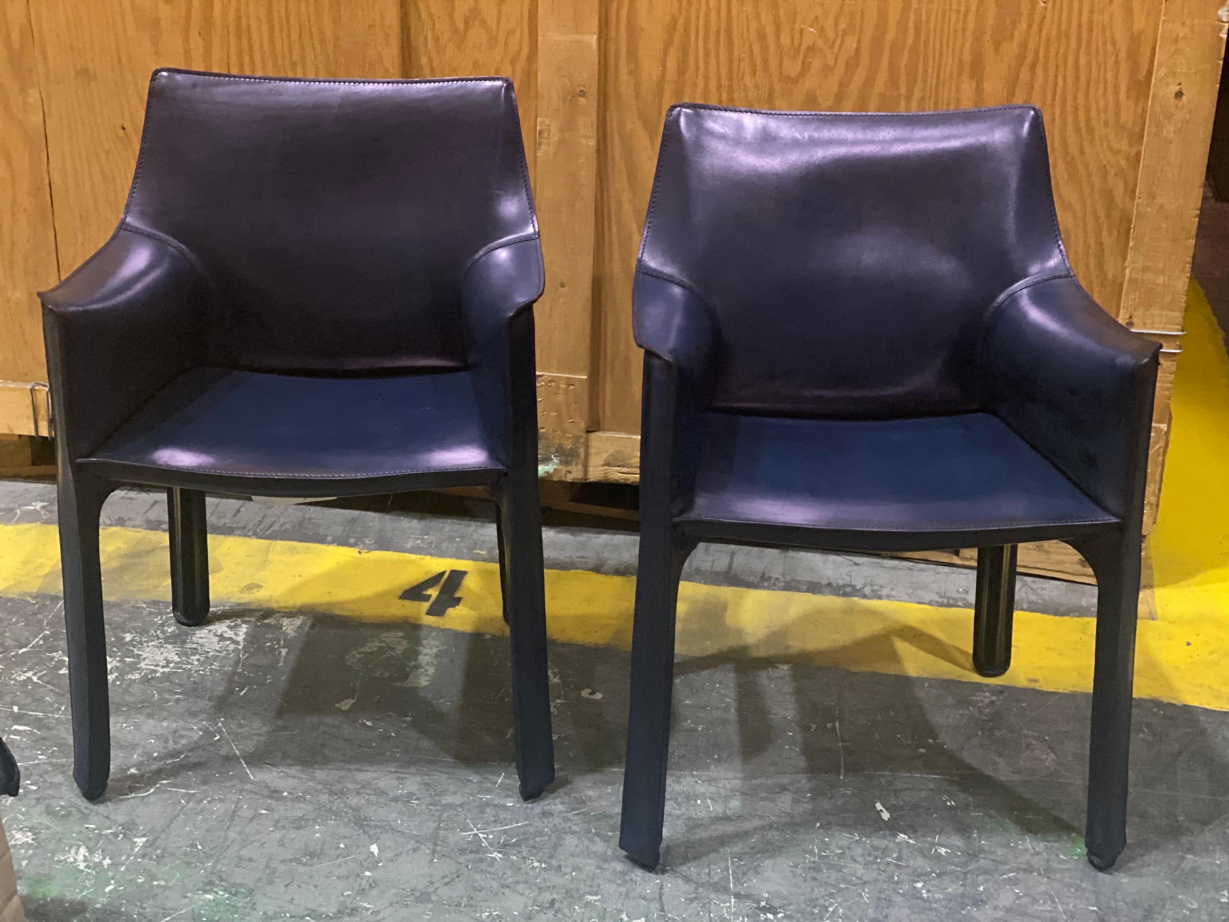 Pair of Mario Bellini for Cassina 'CAB 413' Dining Chairs in Navy Blue Leather For Sale 9