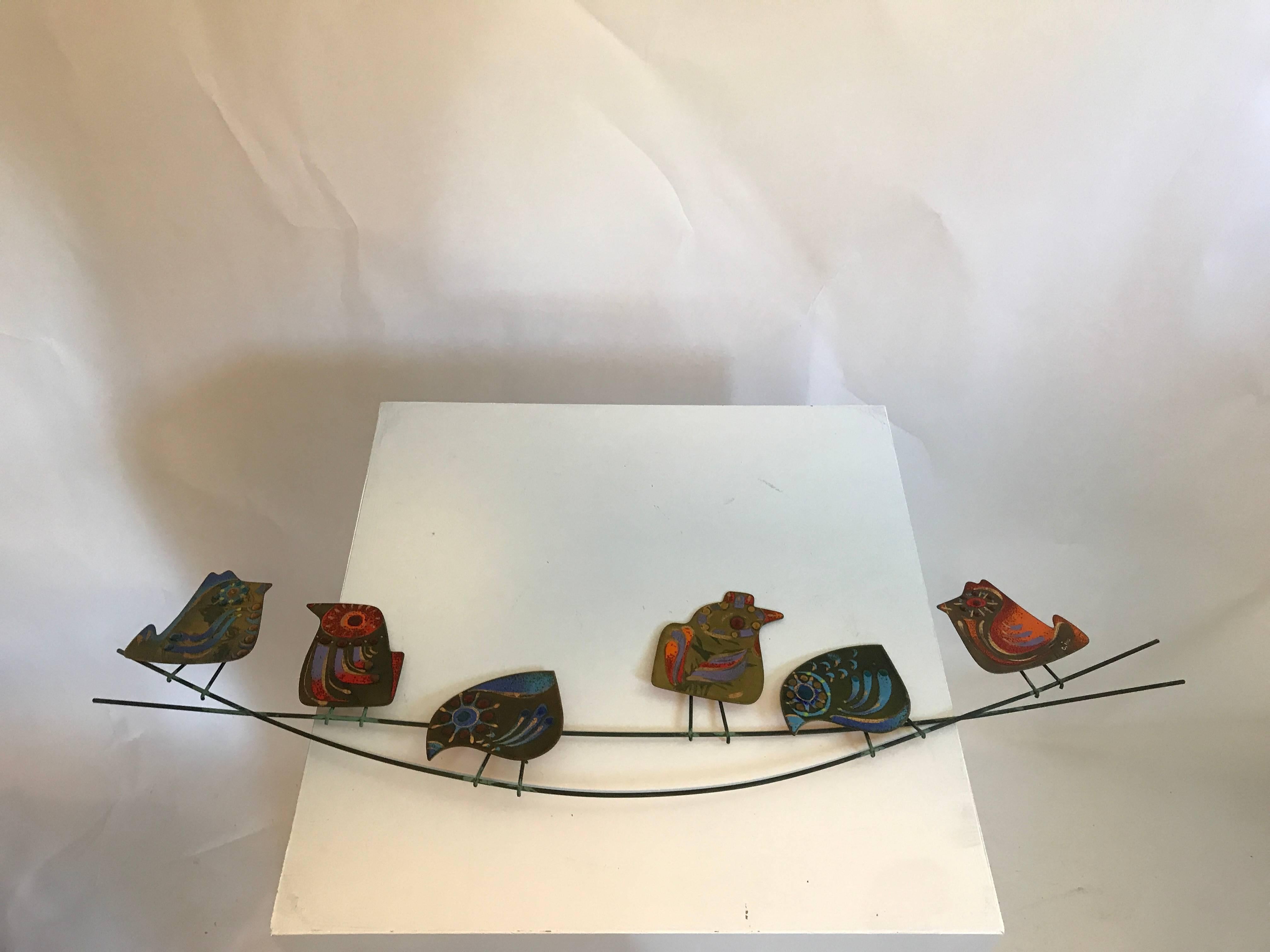 Mid-Century Modern Curtis Jere Enamel Sculpture Birds on a Wire, circa 1968