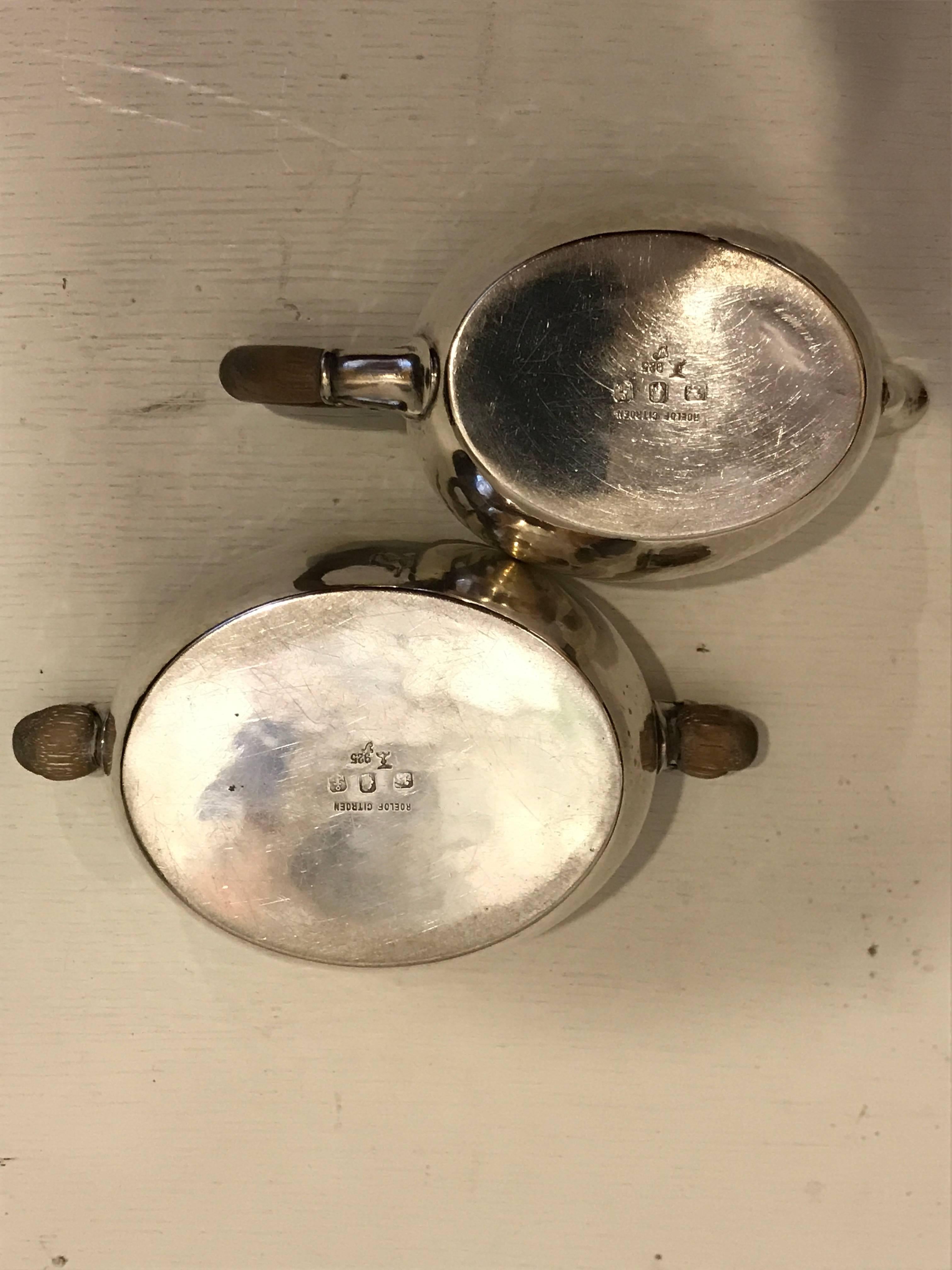 Art Deco Early 20th Century Roelof Citroen Dutch Silver & Wood Cream & Sugar Servers For Sale