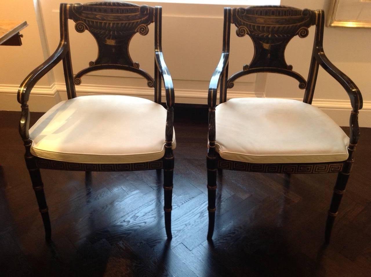 Set of Ten Regency Style Parcel-Gilt Black Painted Caned Armchairs 4