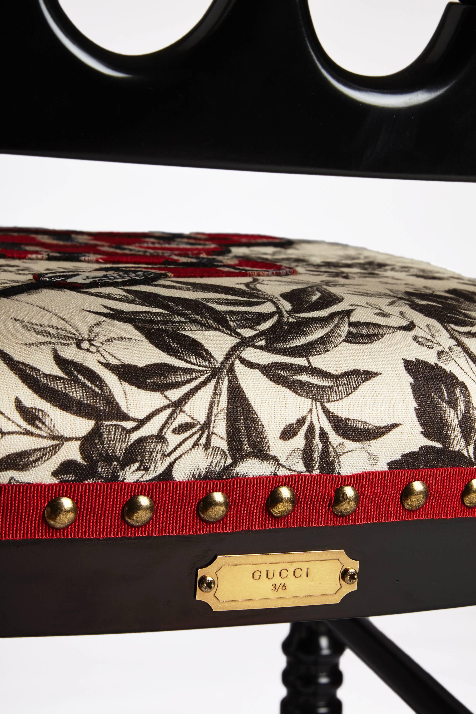 Italian Unique Chair by Gucci, Hand Embroidered Snake on Black Herbarium Fabric