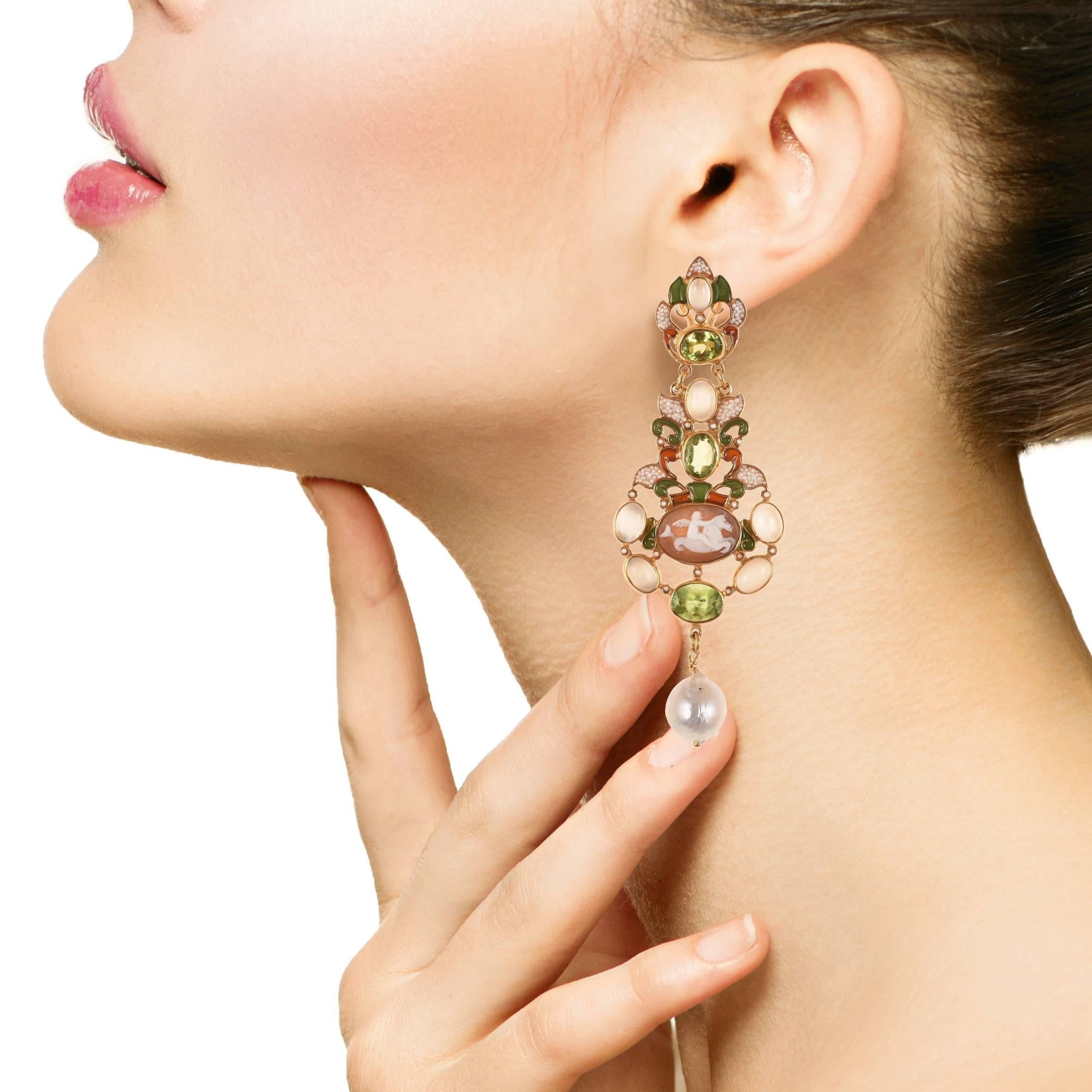 One of a kind earrings are handmade and gold-plated and have precious stones of moon stone, peridot and pearls with gorgeous central small cameo. 

They are designed by Diego Percossi Papi and manufactured in his laboratory in Rome. 

They are