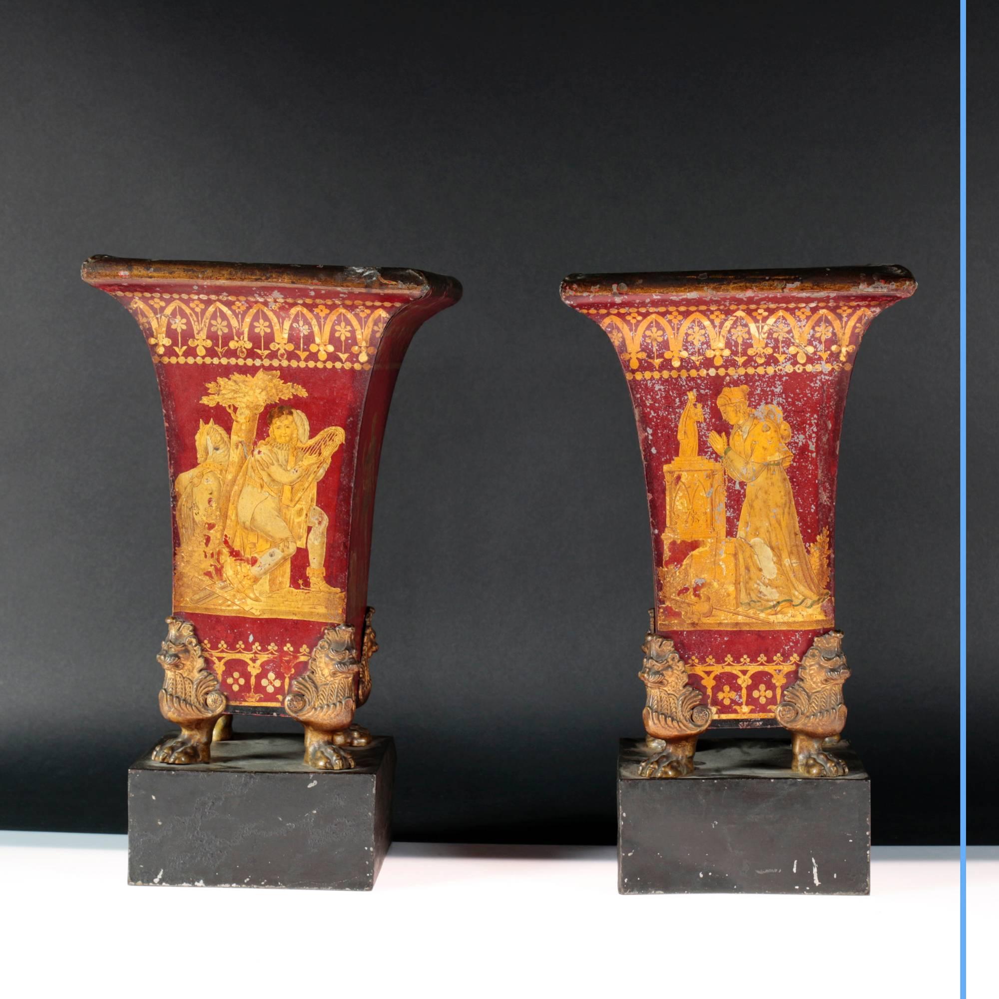 Painted Pair of Sheet Metal Vases in Gothic Revival Style, 19th Century For Sale