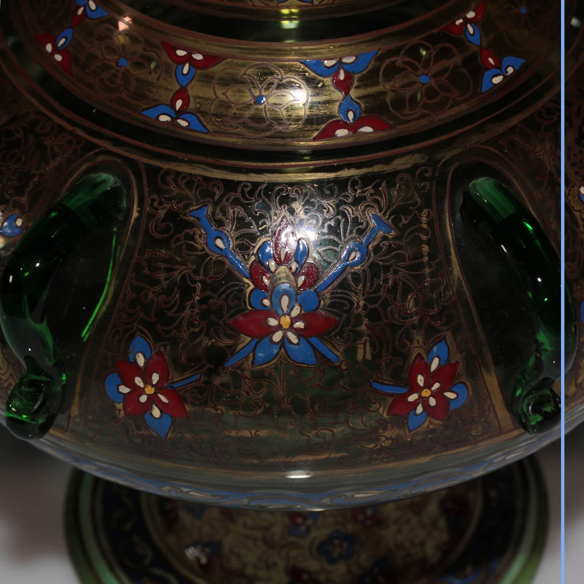 French Pair of Polychrome Enameled Glass Mosque Lamps, P.-J. Brocard