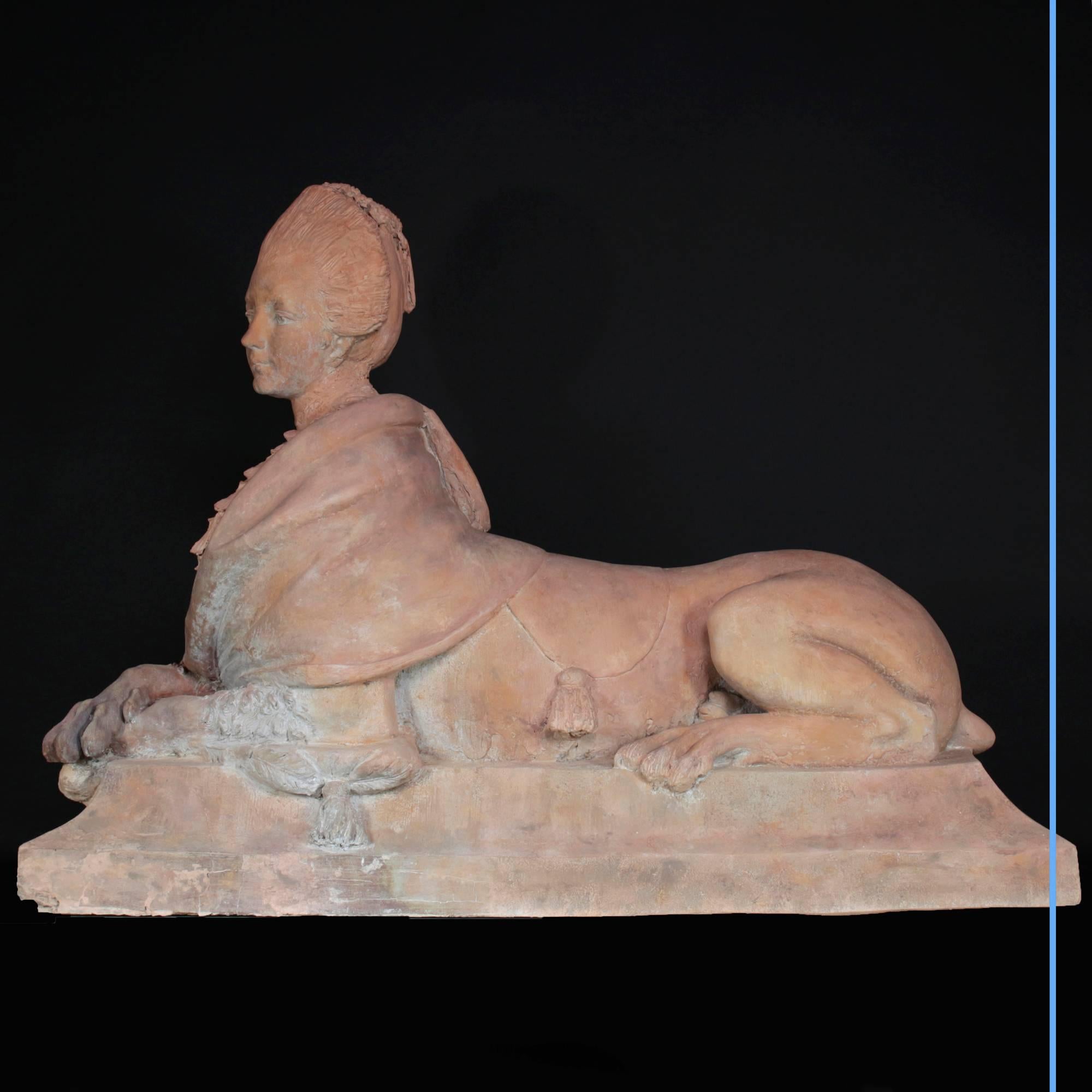 French Rare Terra Cotta Large-Sized Sphinx with Head of Woman, 18th Century For Sale