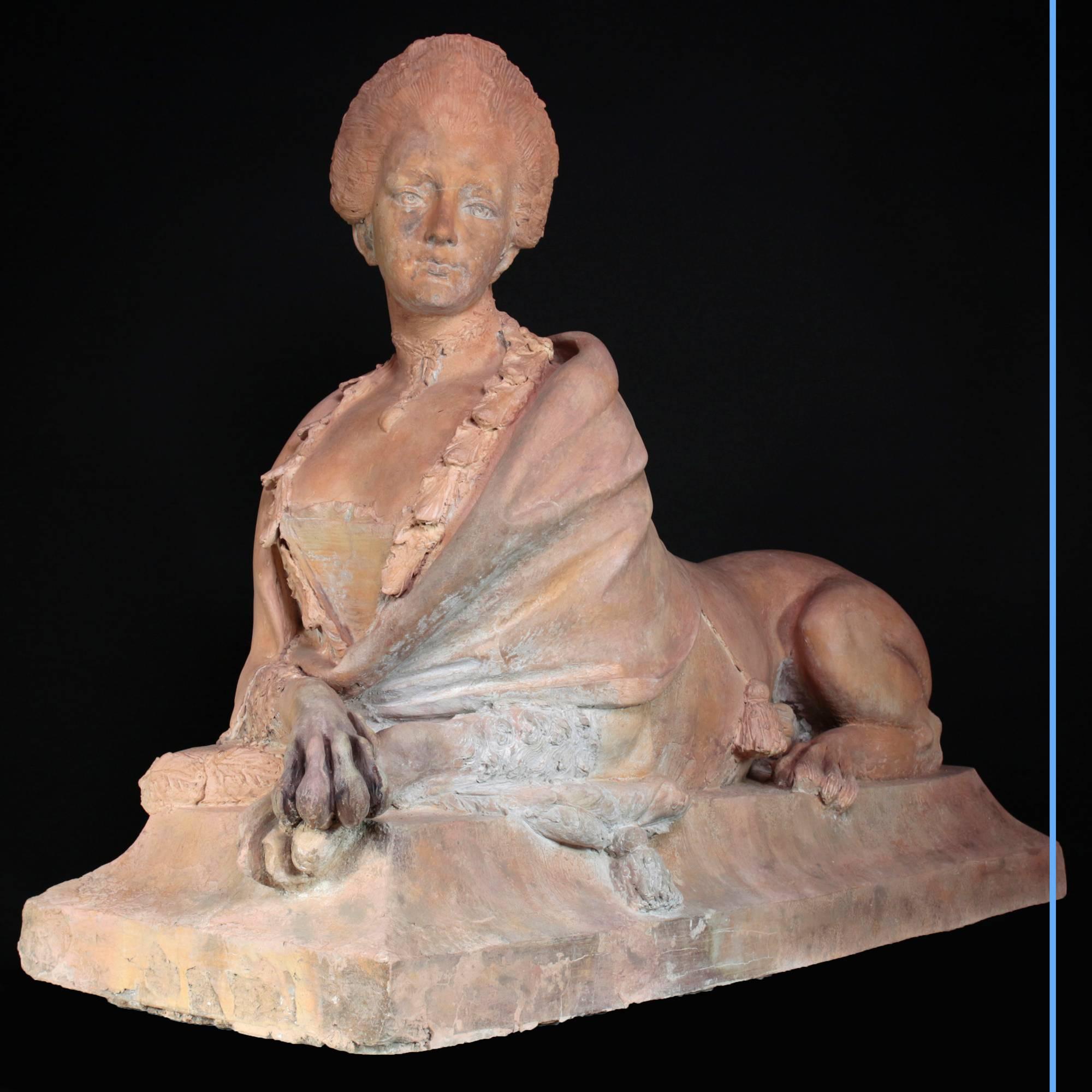Louis XVI Rare Terra Cotta Large-Sized Sphinx with Head of Woman, 18th Century For Sale