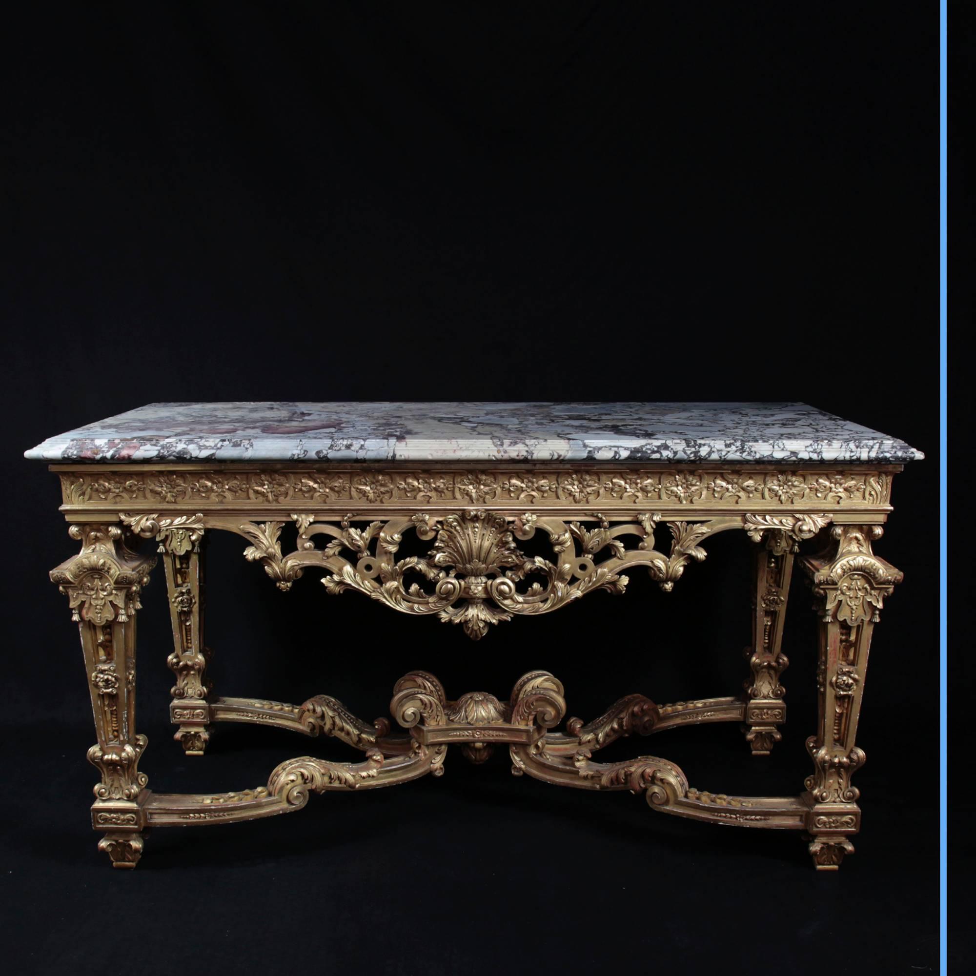 Wall console table.
Carved and giltwood with Saint Maximin Brech marble top, 
19th century,
circa 1880.