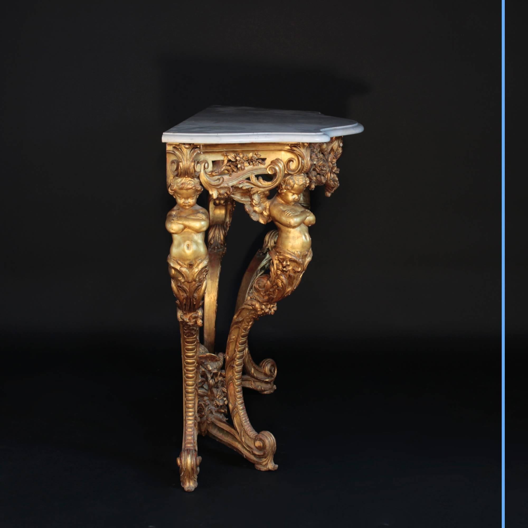 Elegant Wall Console Table with Putti, 19th Century In Good Condition For Sale In Saint-Ouen, FR