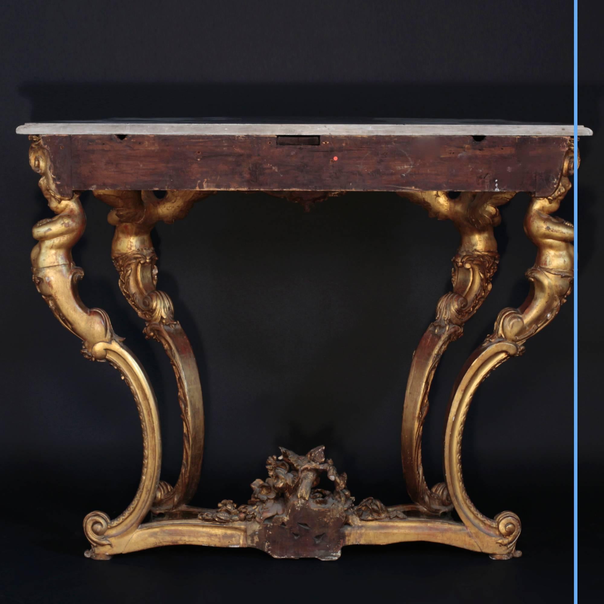 Gilt Elegant Wall Console Table with Putti, 19th Century For Sale