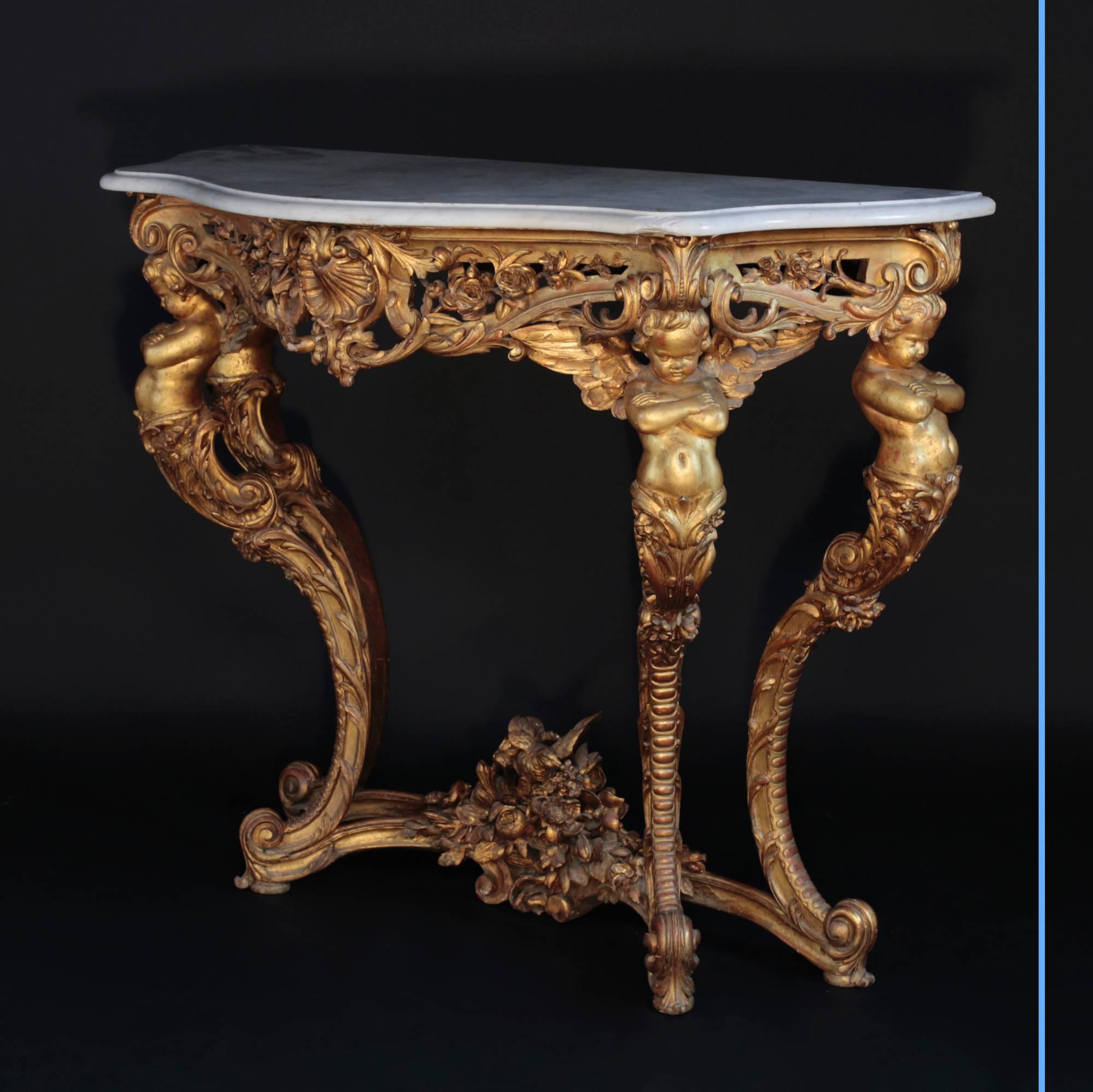 Napoleon III Elegant Wall Console Table with Putti, 19th Century For Sale