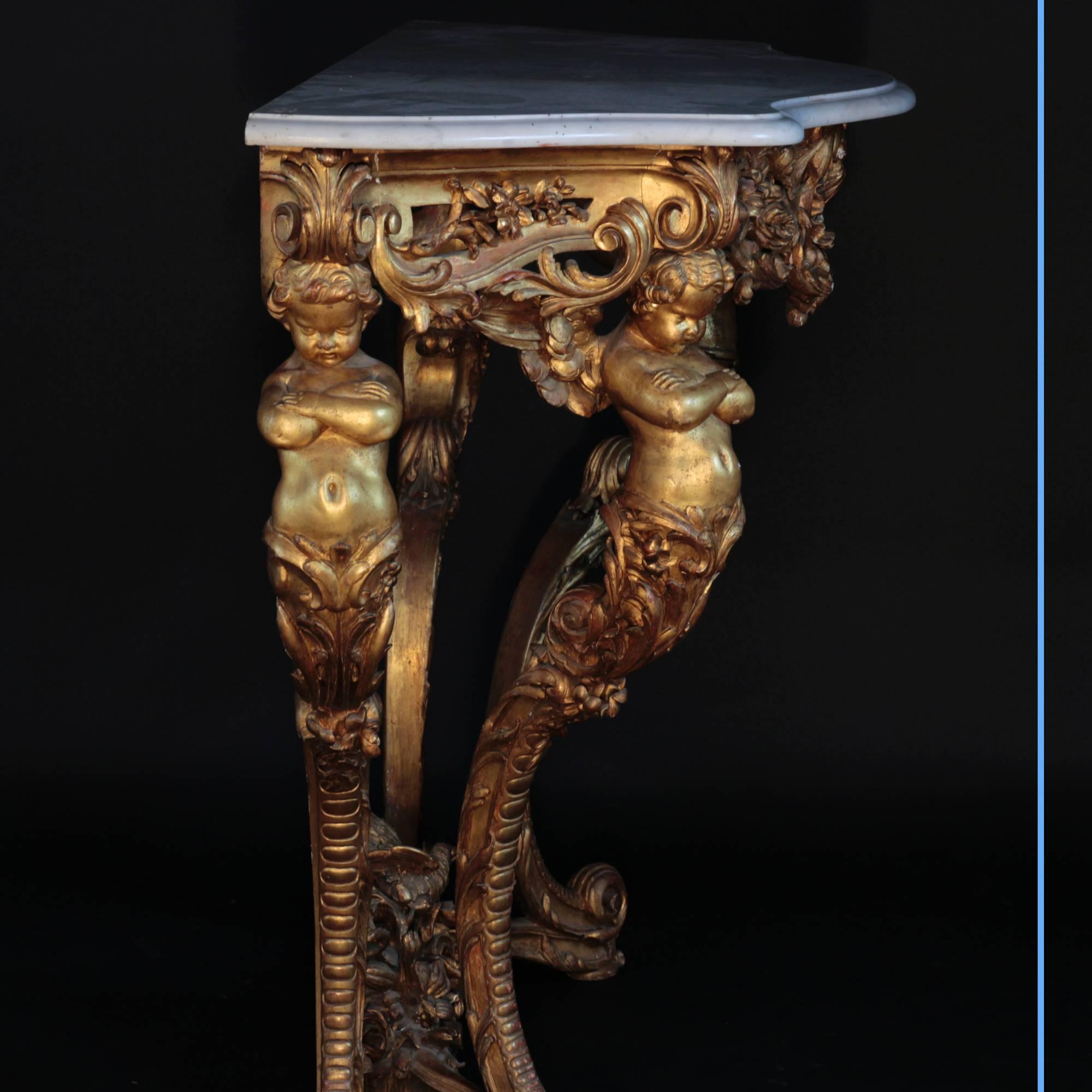 Late 19th Century Elegant Wall Console Table with Putti, 19th Century For Sale