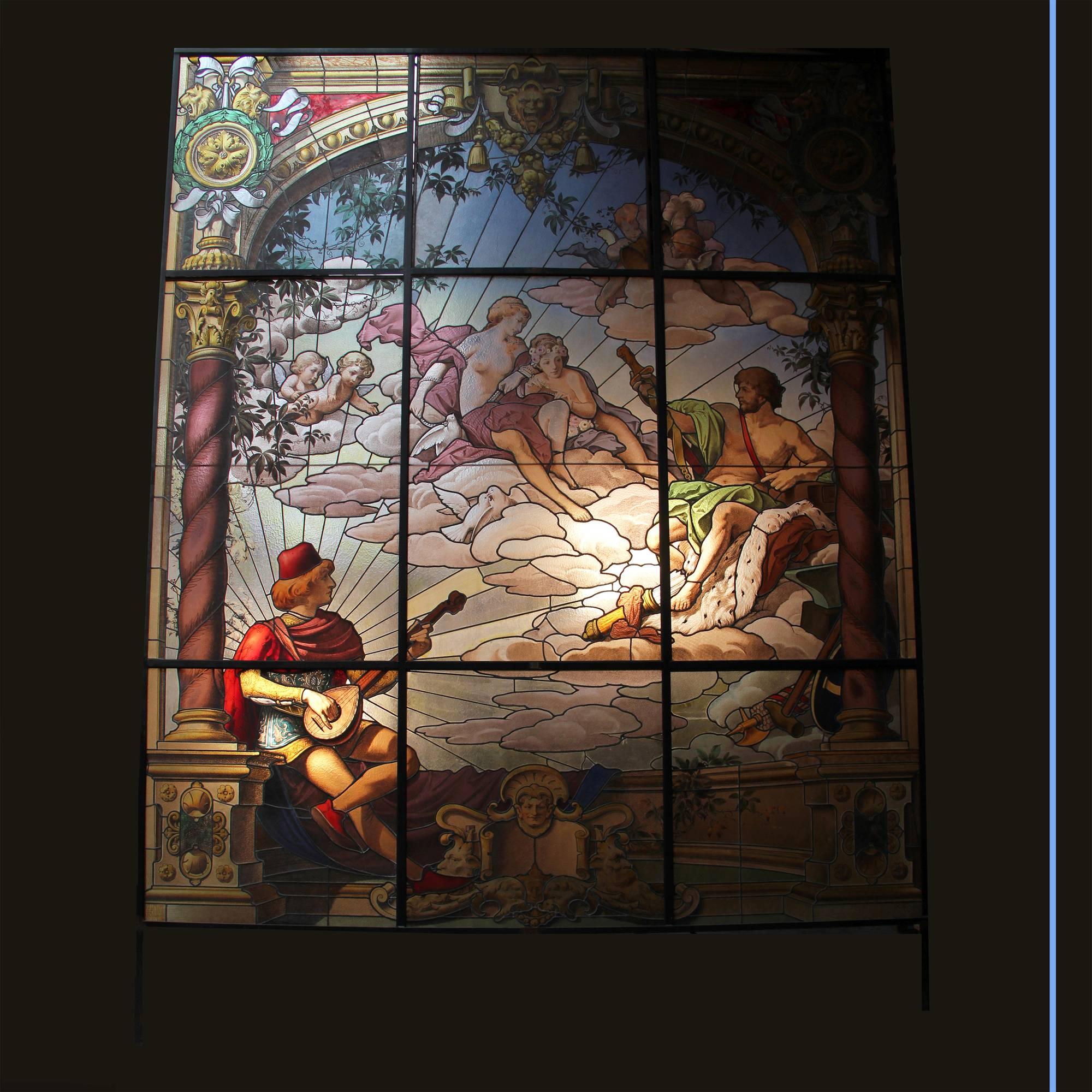 Monumental troubadour Neo-Rococo stained glass window “Vulcan Presenting Venus with Arms for Aeneas”.
Leaded stained windows,
19th century,
circa 1880.

Measures: H 400 – W 336 – D 2 cm.

Our stained glass window is inspired from a scene in