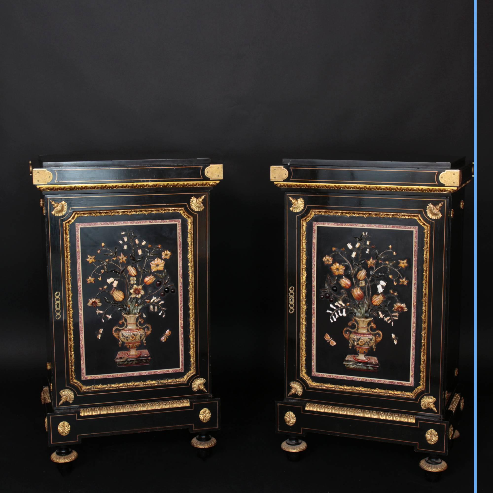 Georges-Alphonse-Bonifacio Monbro (1807-1884)
A fine pietre dure pair of side cabinets
An Important Pair of Napoleon III gilt bronze-mounted ebonised and Pietre Dure Inlaid Side Cabinets
Stamped 