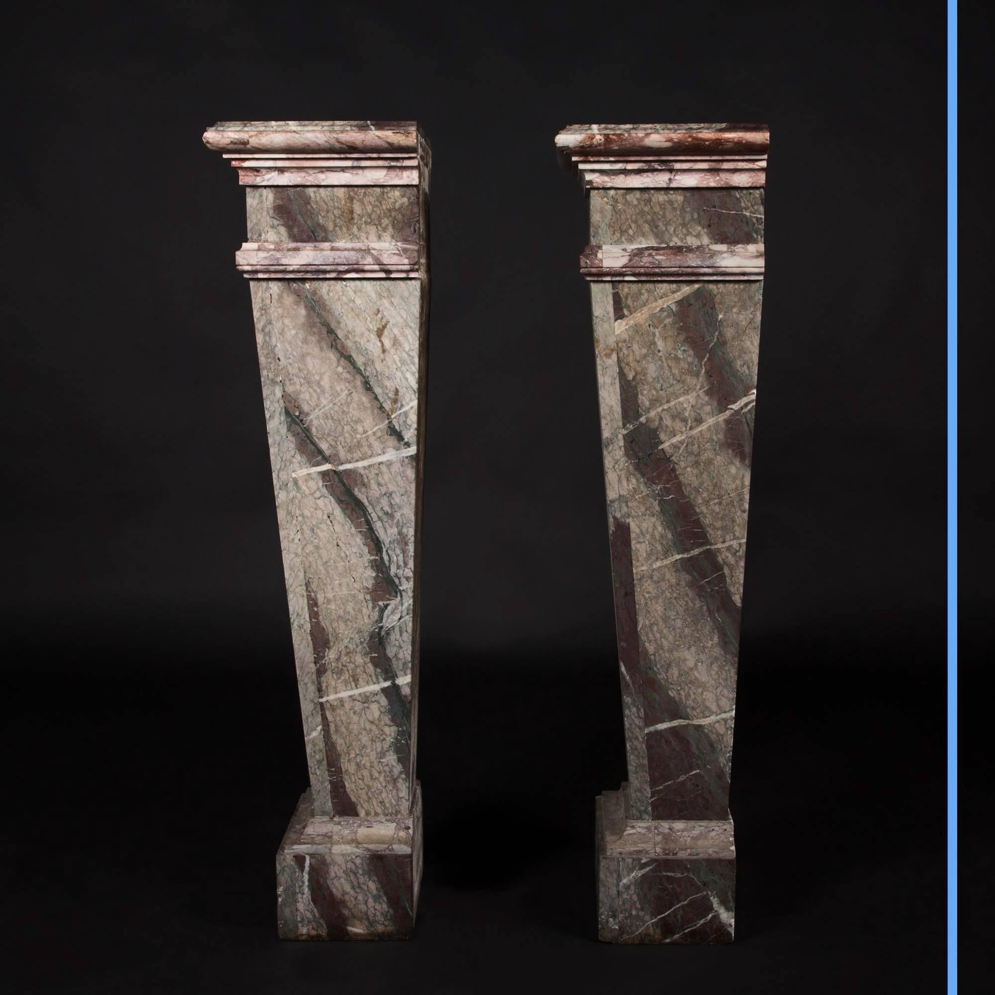 Pair of Marble Column Pedestals with Green and Purple Marble Inlay, 19th Century In Excellent Condition For Sale In Saint-Ouen, FR