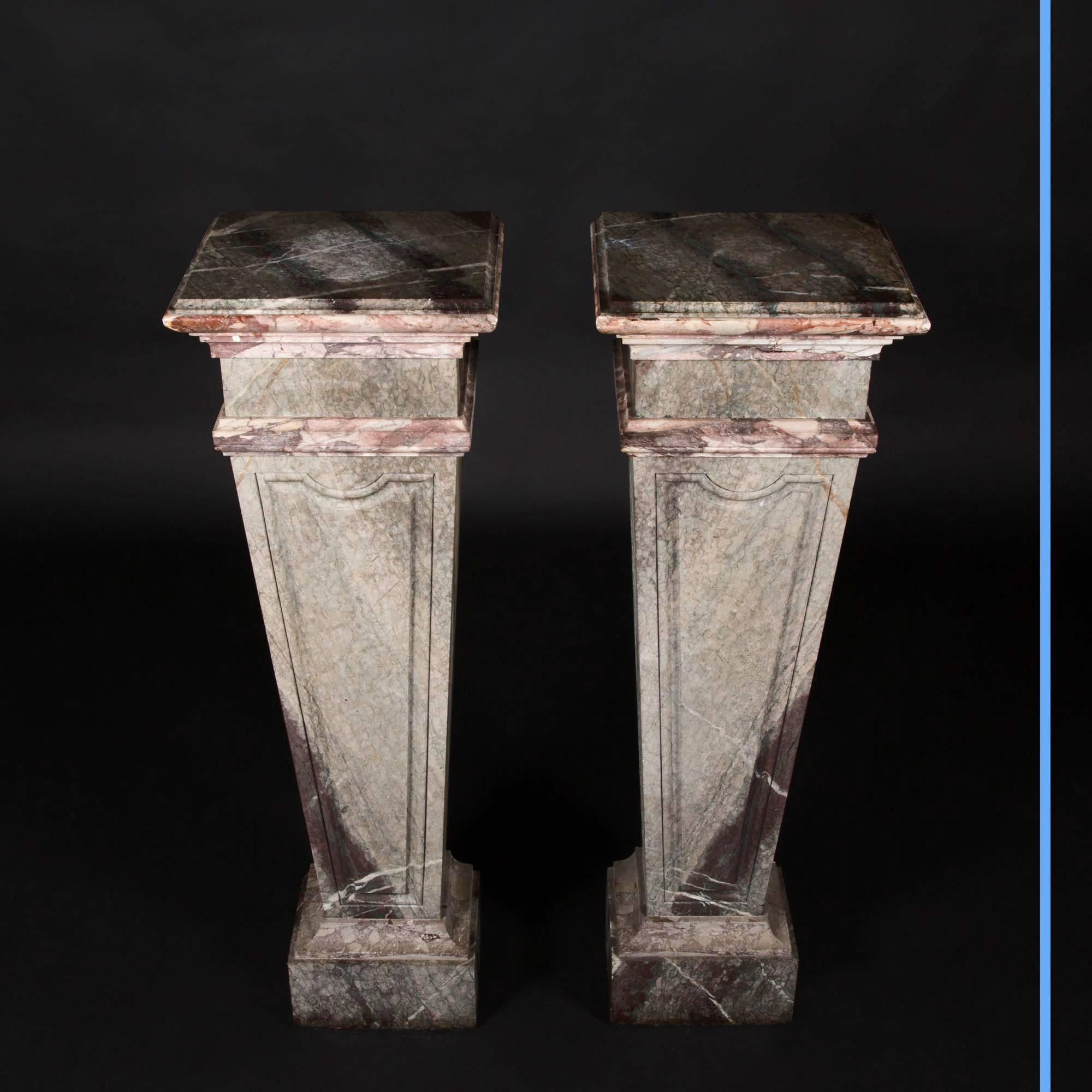 Napoleon III Pair of Marble Column Pedestals with Green and Purple Marble Inlay, 19th Century For Sale