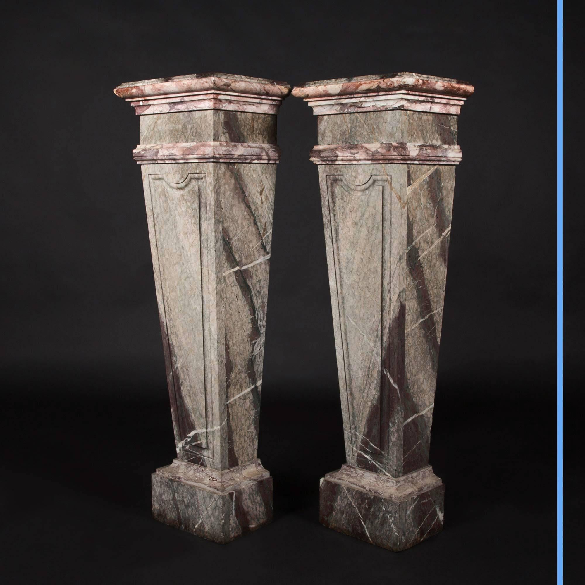 French Pair of Marble Column Pedestals with Green and Purple Marble Inlay, 19th Century For Sale