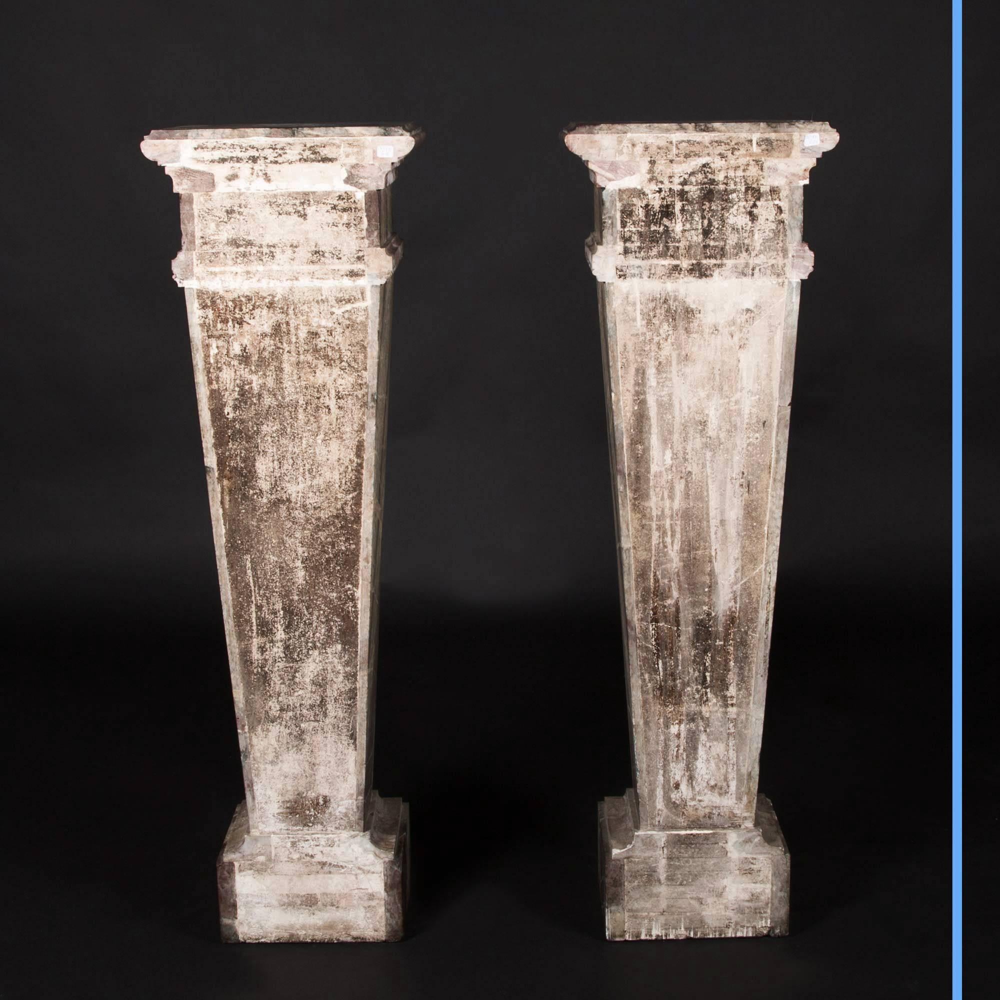 Late 19th Century Pair of Marble Column Pedestals with Green and Purple Marble Inlay, 19th Century For Sale