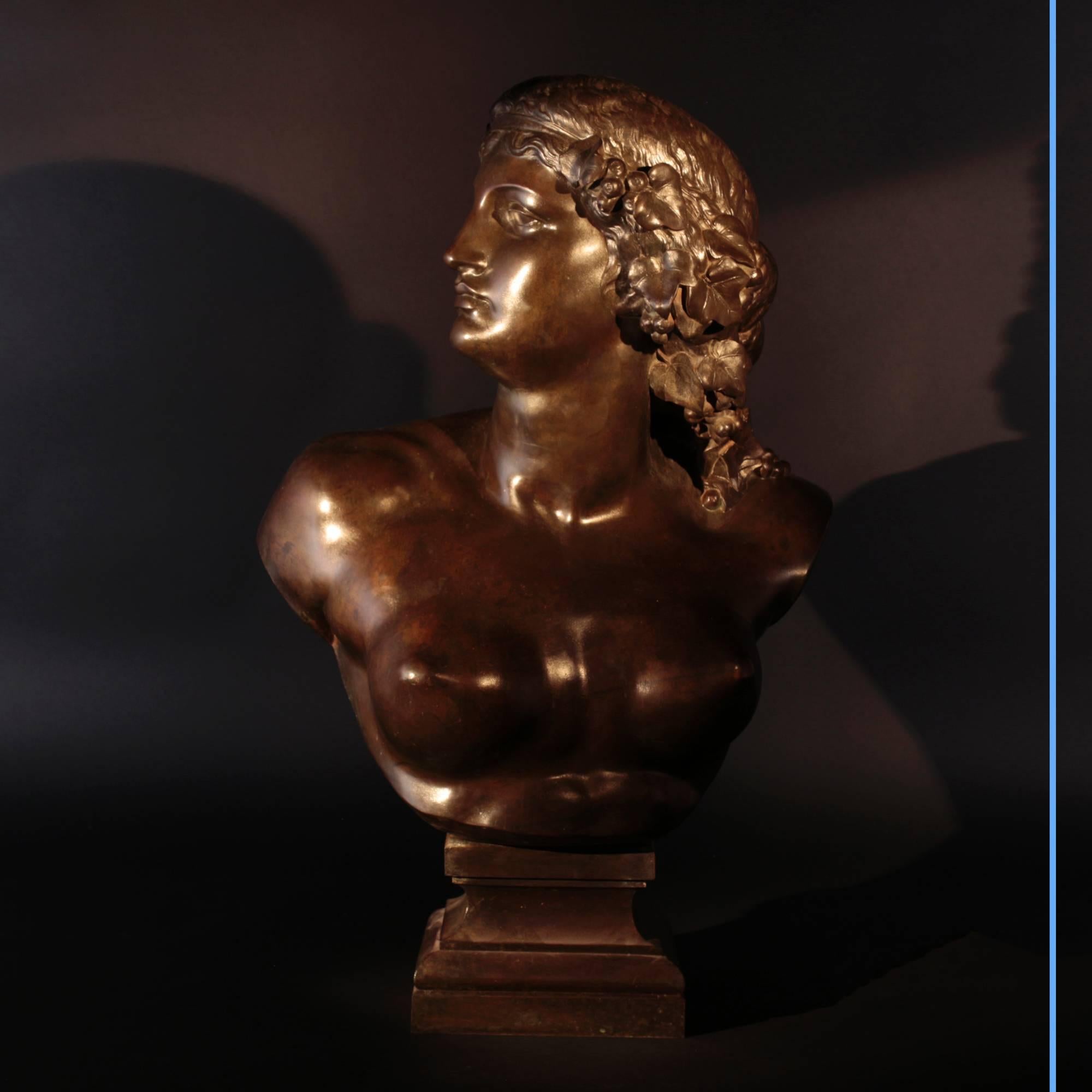 Jean-Baptiste, known as Auguste Clésinger (1814-1883).
Bust of Ariadne.
Bronze.
Signed on the shoulder with the following mention « Maison Marnyhac, 1 rue de la Paix » in the back,
circa 1869.
Unique piece.
Measures: L 47, H 81, P 30