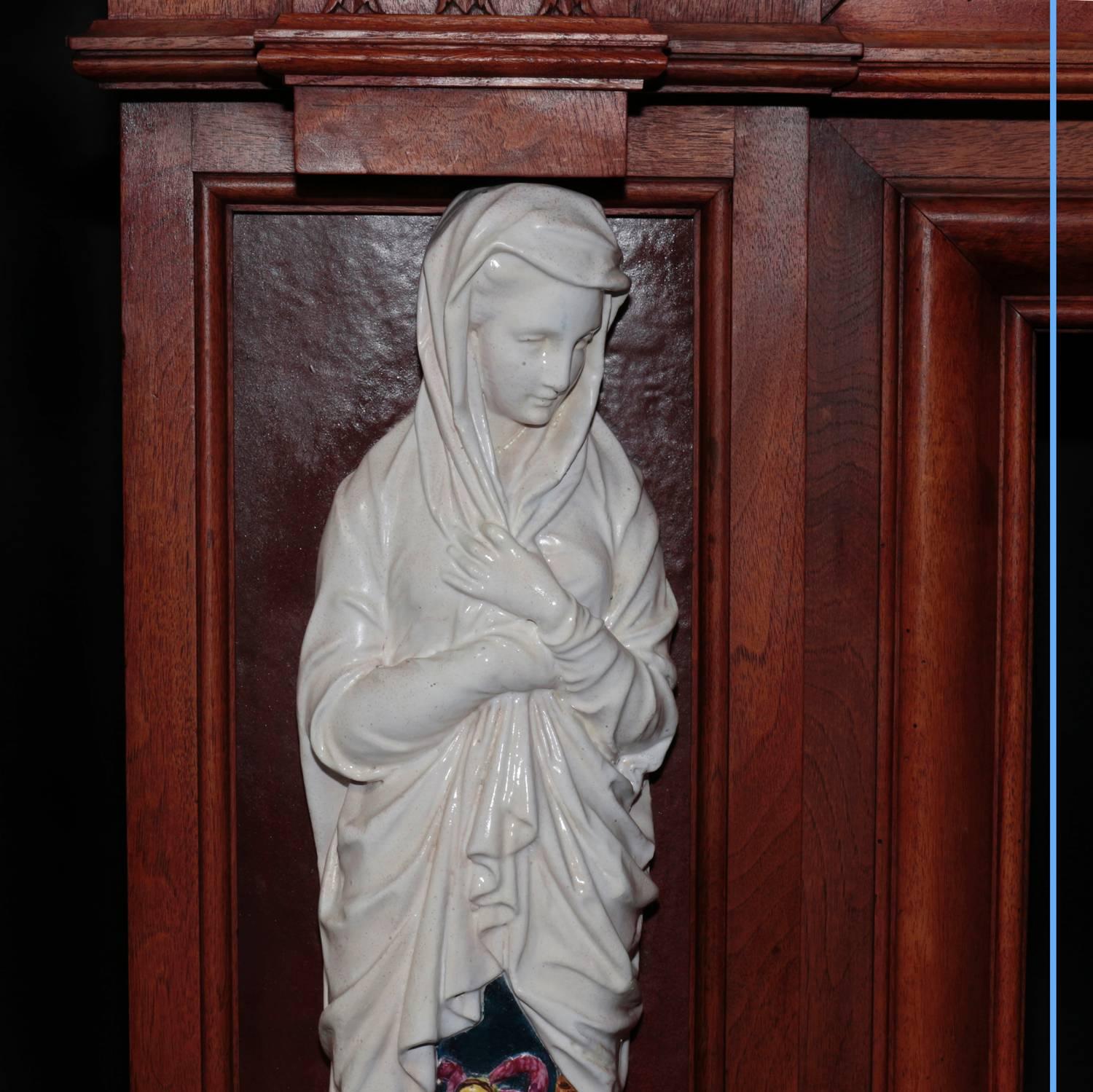 Delicate Fireplace Mantelpiece, Carved Walnut and Ceramic, 19th Century For Sale 1