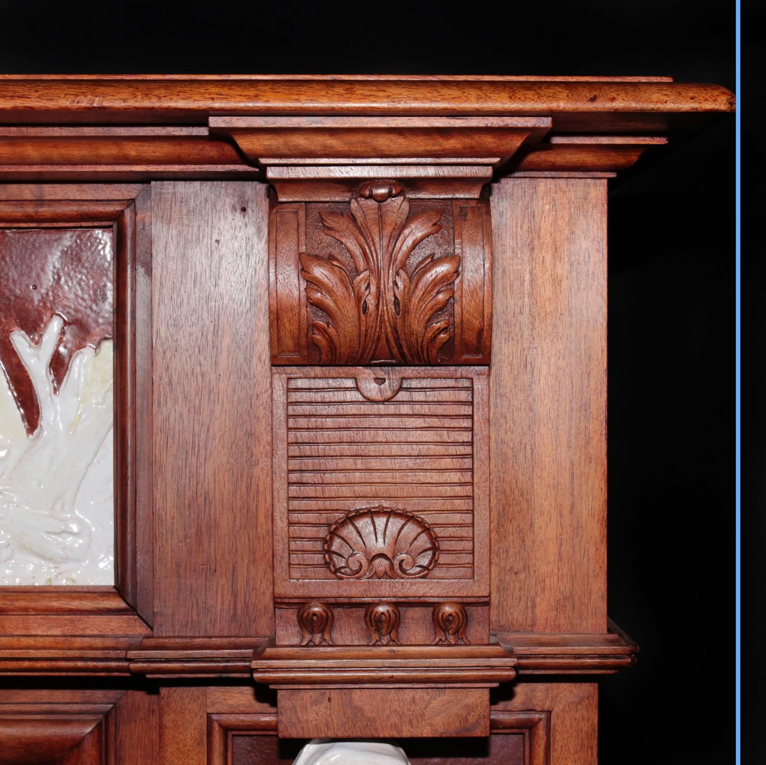 Delicate Fireplace Mantelpiece, Carved Walnut and Ceramic, 19th Century In Good Condition For Sale In Saint-Ouen, FR
