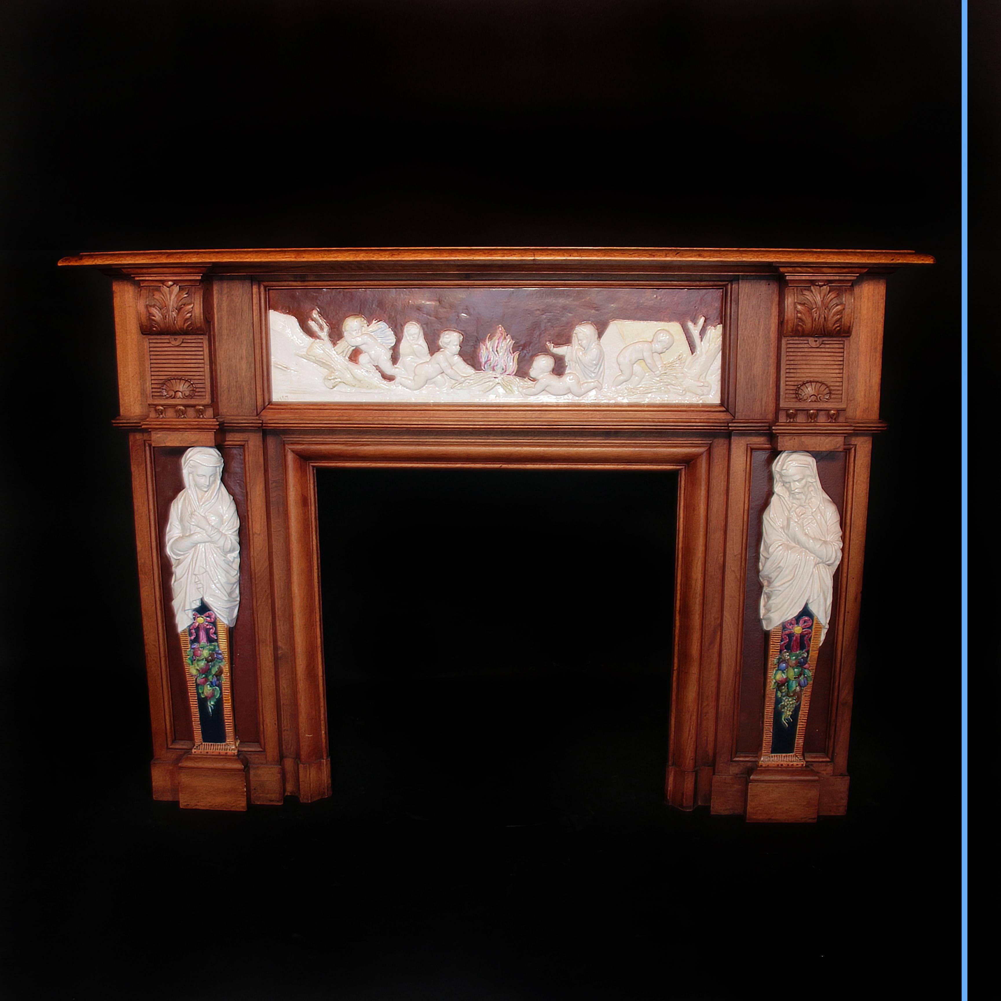 Delicate fireplace mantelpiece.
Carved walnut and ceramic,
19th century.
Measures: H 119 cm, W 164 cm, D 53.5 cm.
Hearth: H 75, W 75 cm.