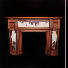 Delicate Fireplace Mantelpiece, Carved Walnut and Ceramic, 19th Century