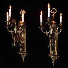 Gothic Revival Pair of Wall Lamps, Gilded Bronze, 19th Century