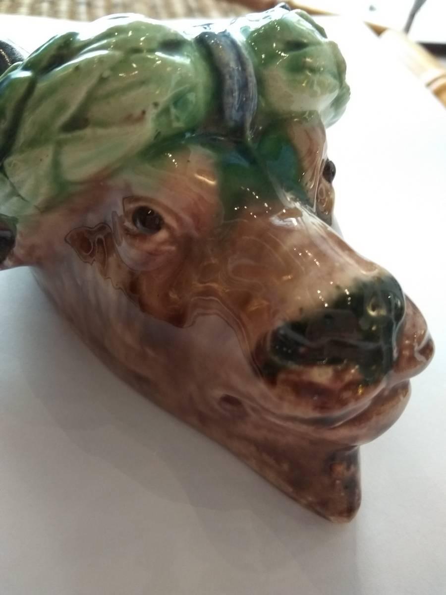 Enameled Thomas Victor Sergent Pair of Bull's Head Palissy Ware, circa 1880 For Sale