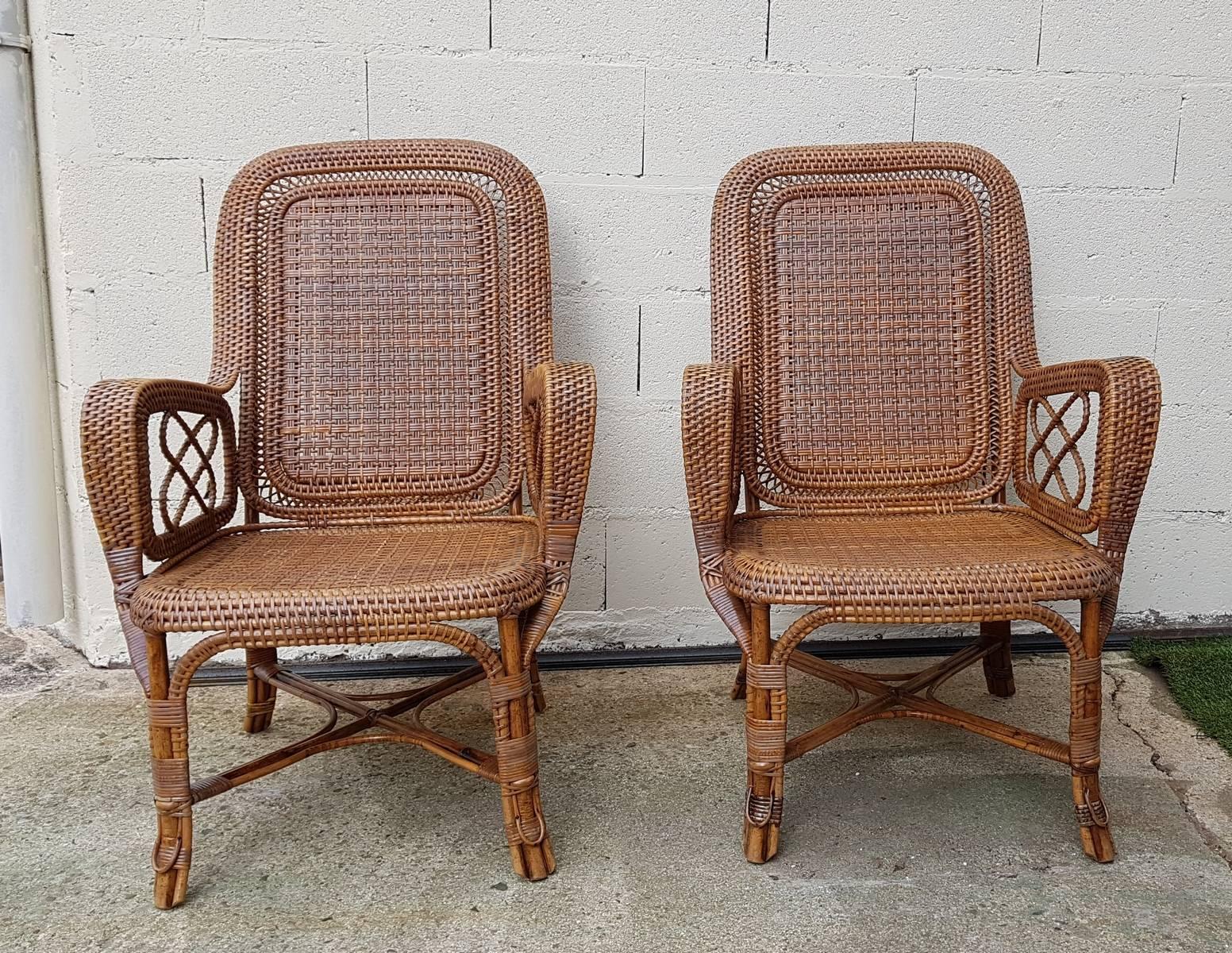 Perret & Vibert, Pair of Large Rattan Armchairs, France, End of 19th Century 1