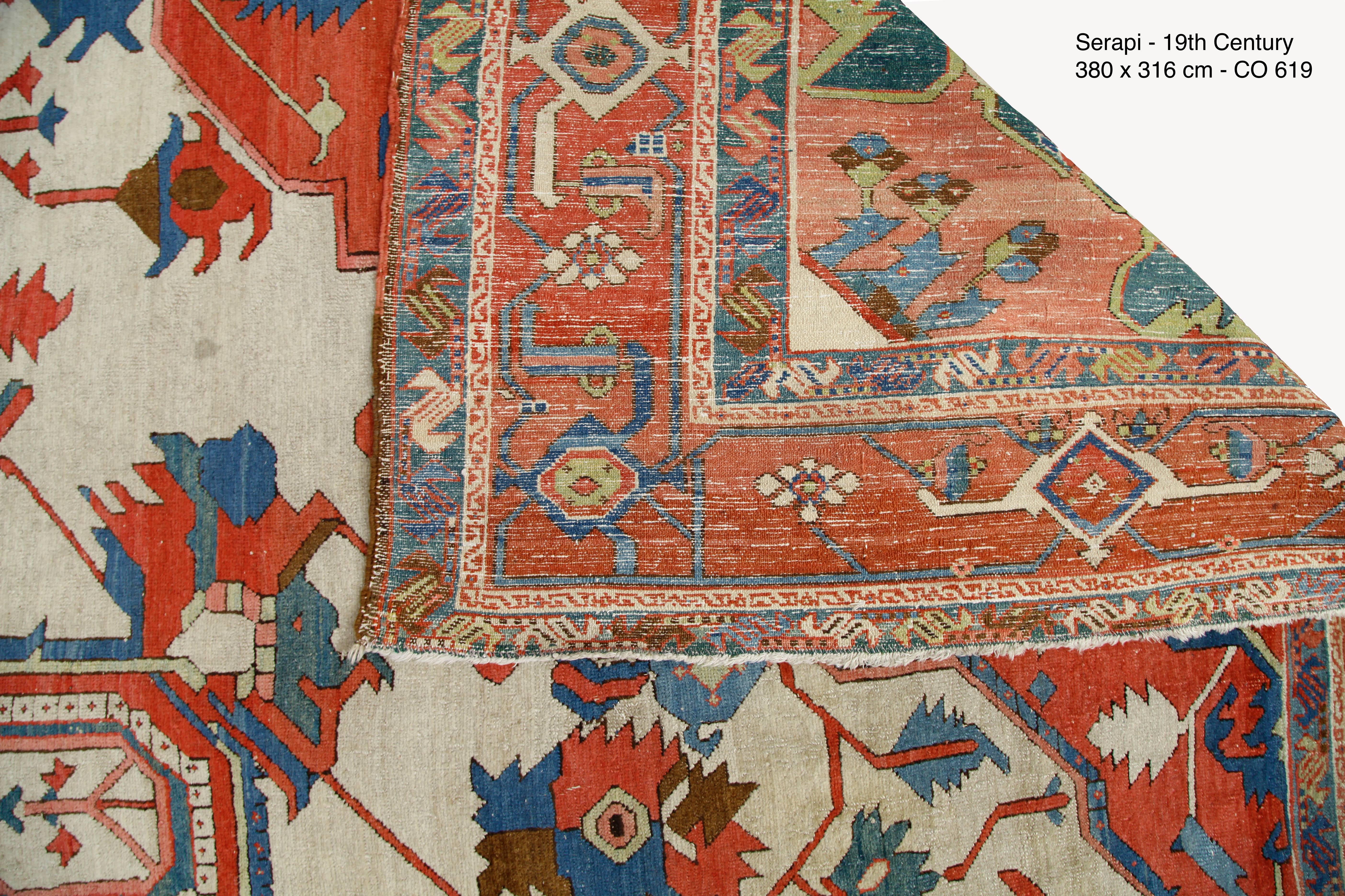 Antique Serapi carpets - The carpets of northwest Persia are in a class of their own. Prized for their strong geometric style, fine construction and rich colors, the carpets of Heriz, Serapi and Bakshaish are regional cousins that share mutual