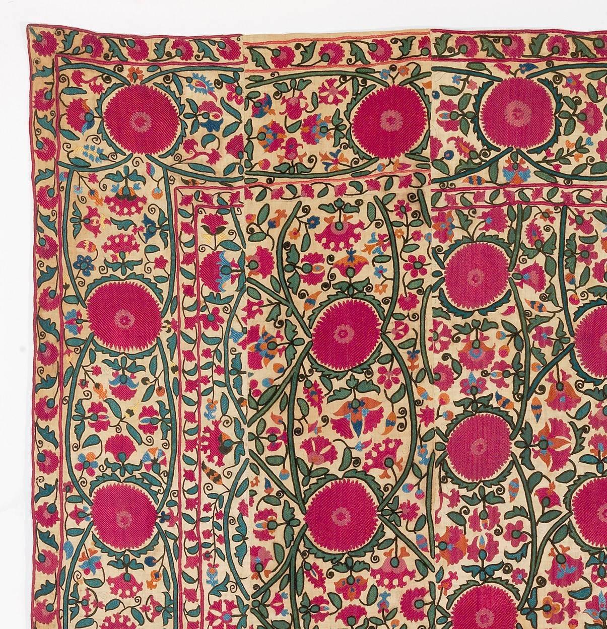 Susani, Uzbekistan, 19th century, Samarkand, wonderful silk embroidery in Basma and Tambour stitch, dowry pieces like this were made on narrow stripes of hand woven cotton which were embroidered separately and later joined, especially interesting in