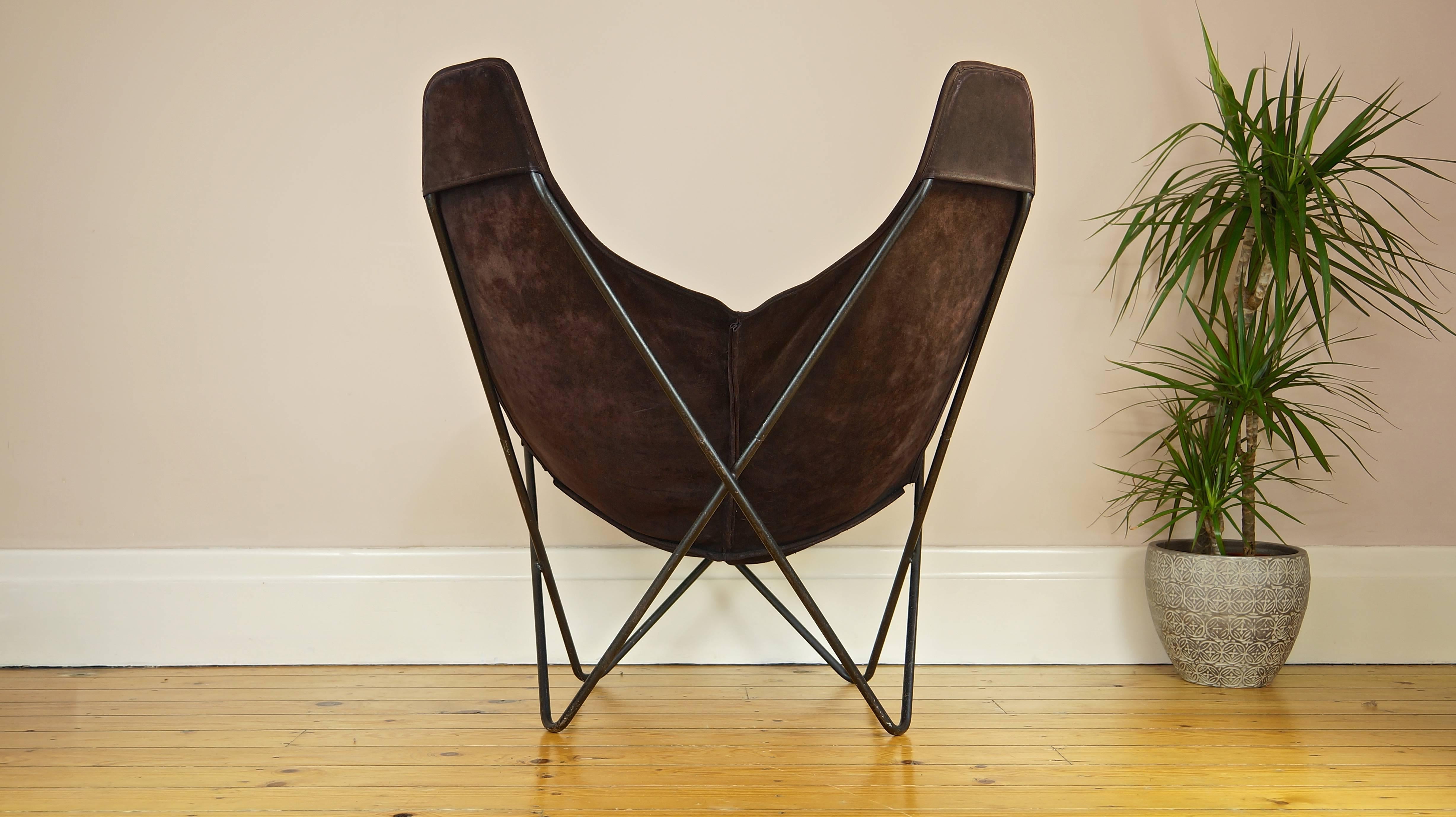 1970s Knoll Butterfly Chair by Jorge Ferrari-Hardoy, Suede Leather Sling Chair In Good Condition In Huddersfield, GB