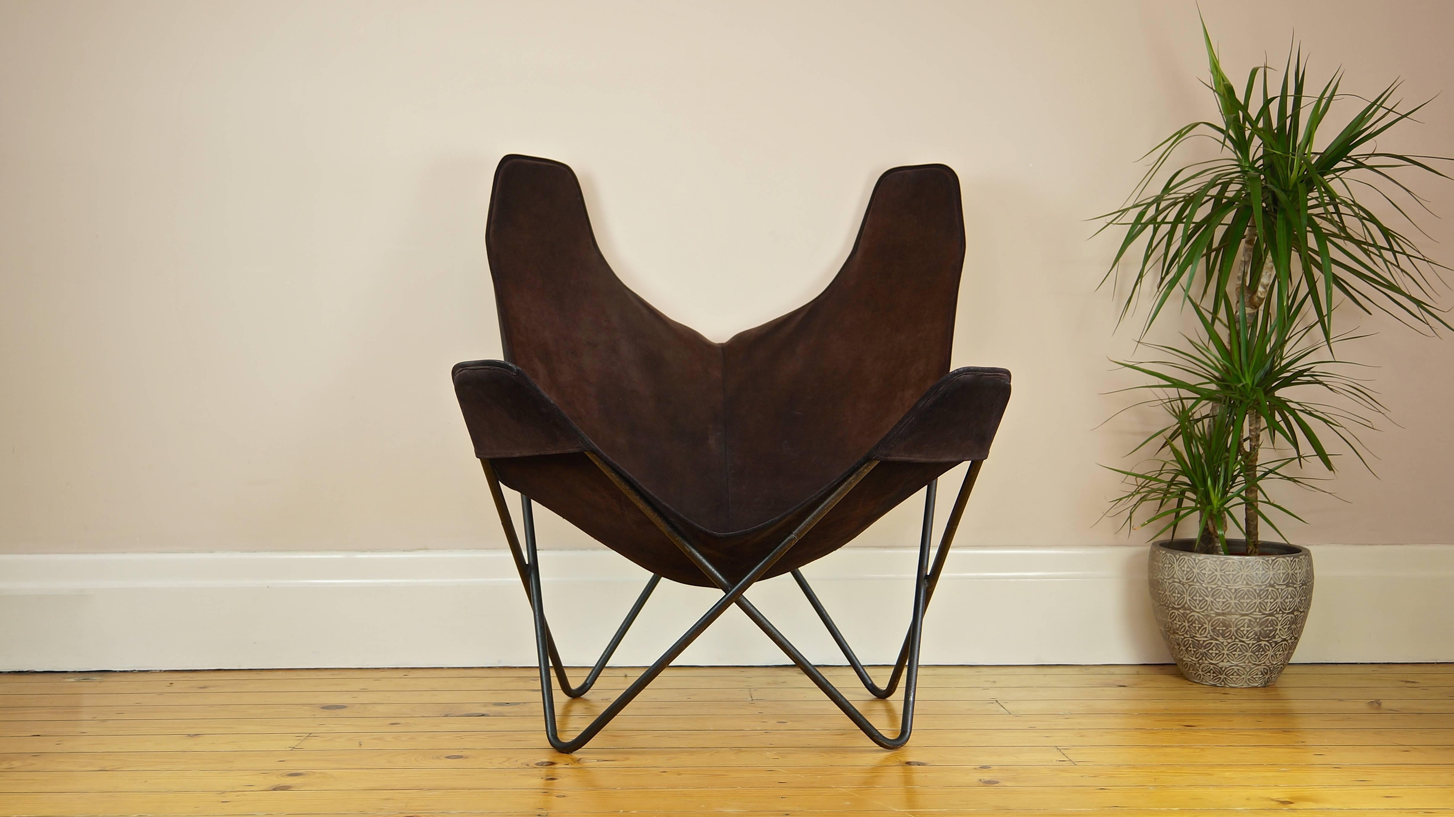 Steel 1970s Knoll Butterfly Chair by Jorge Ferrari-Hardoy, Suede Leather Sling Chair