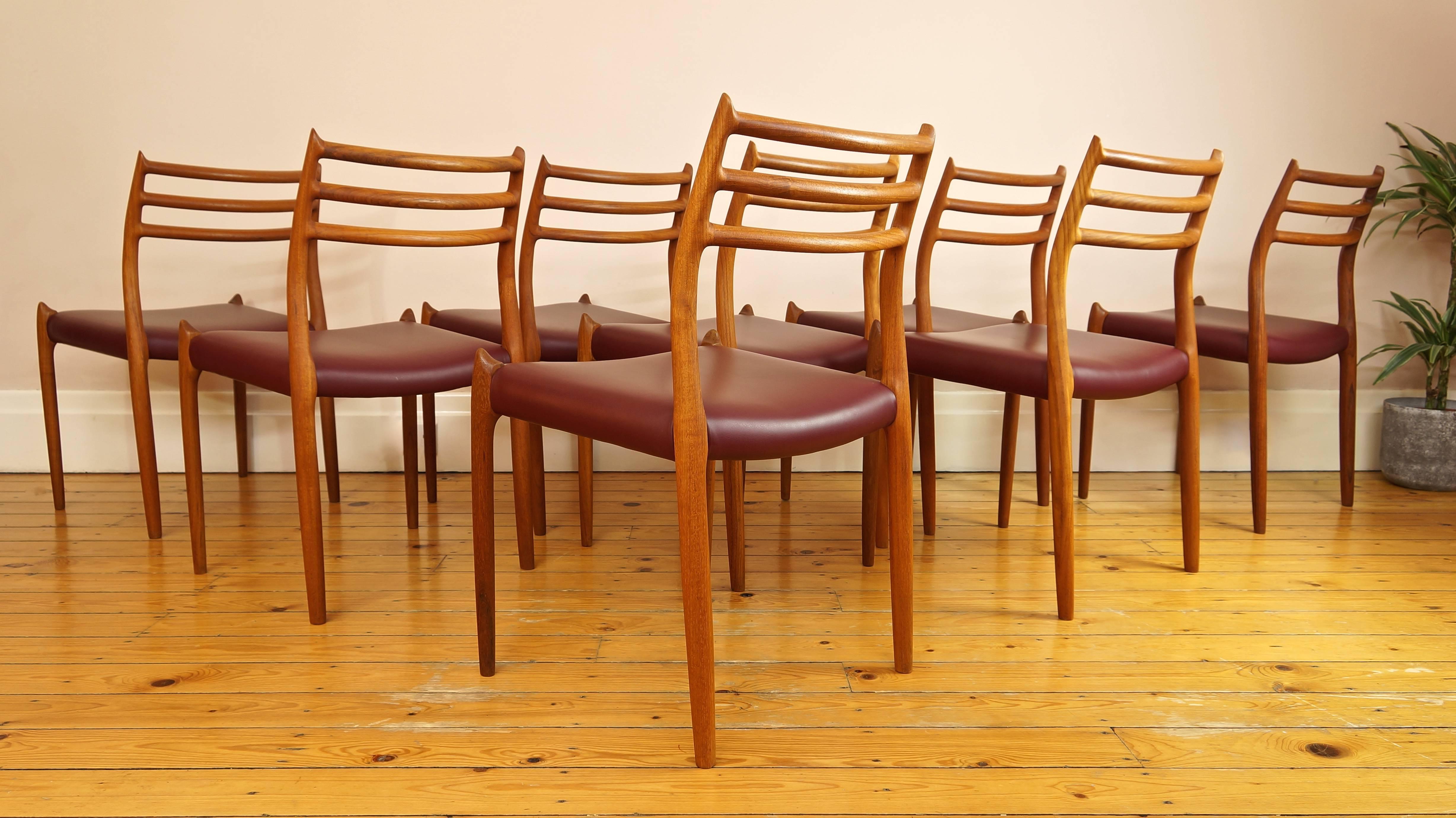 Mid-Century Modern Set of Eight Danish Niels Møller Model 78 Teak and Leather Dining Chairs