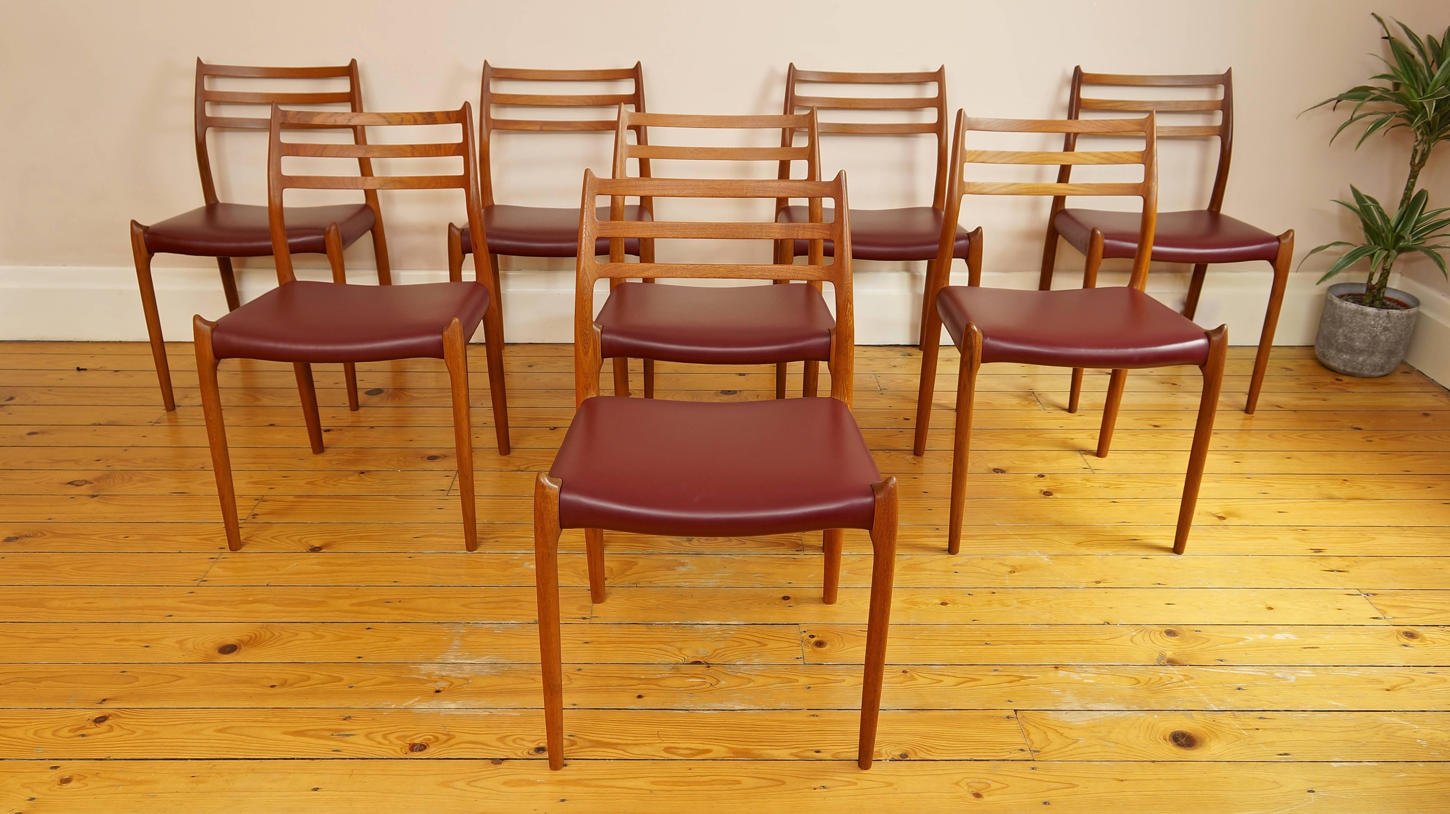 Set of eight Danish model 78 teak and leather dining chairs by Niels Otto Møller for J.l. Mollers Mobelfabrik, Denmark.
Design year: 1962.

Incredibly high quality model 78 side chair designed by Niels Otto Møller for J.L. Mollers