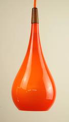 Vintage 1960s Danish Orange Glass and Teak Pendant Light / Lamp by Holmegaard