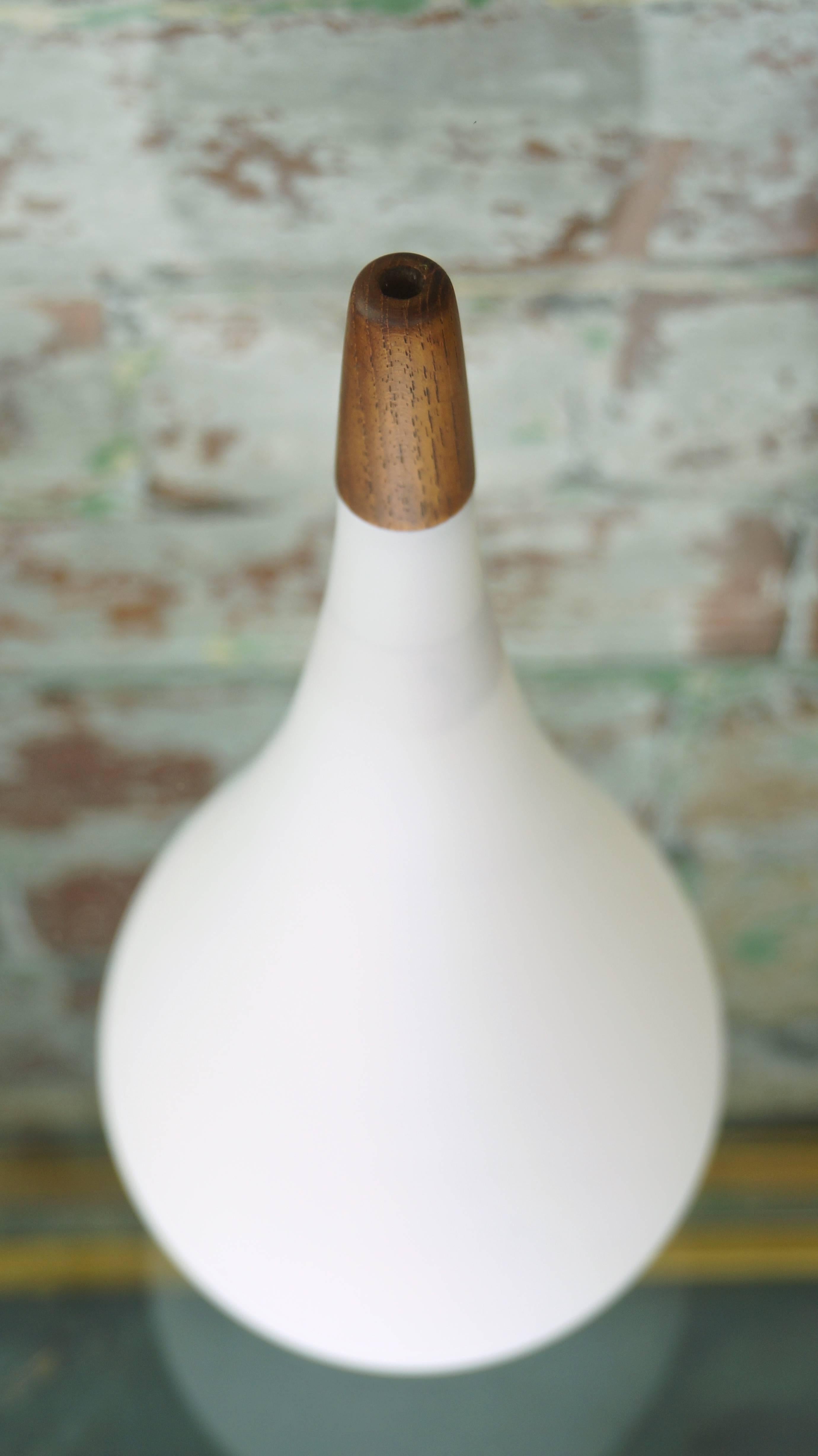 Vintage Danish Holmegaard White Glass Pendant Drop Ceiling Light Teak Finial In Excellent Condition In Huddersfield, GB